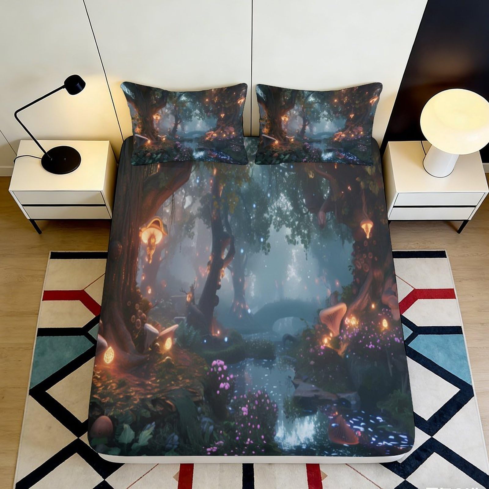 Pnayamiorkfel Style-9 3D Printed Enchanted Forest Fitted Sheet Microfiber Soft Fairy Tale River Bed Cover For Bedroom Dorm Decor 90X200x25cm