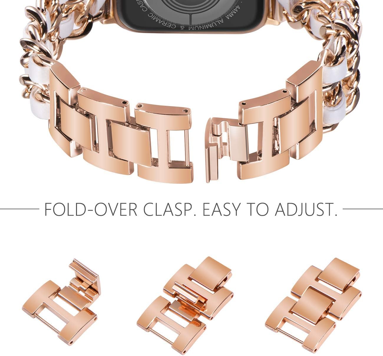 NewWays for Apple Watch Band Series 10 46mm 45mm 44mm 42mm Series3 4 5 6 7 8 9 Ultra 49mm, Jewelry Bracelet for iWatch Band for Women, Rose Gold Link with White Leather - Image 3