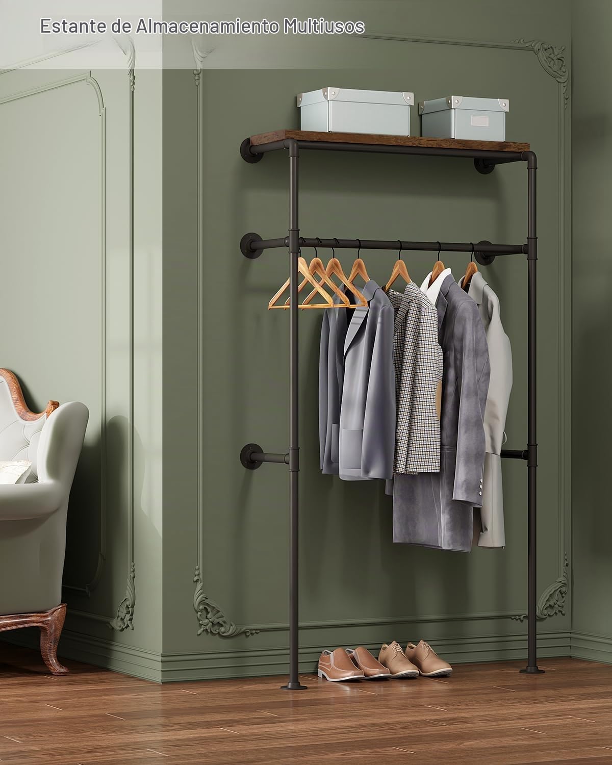 WOLTU Perchero Industrial de Pared, Vestidor Armario Abierto con Estante, Estilo Industrial, Apto para Dormitorio y Tienda de Ropa