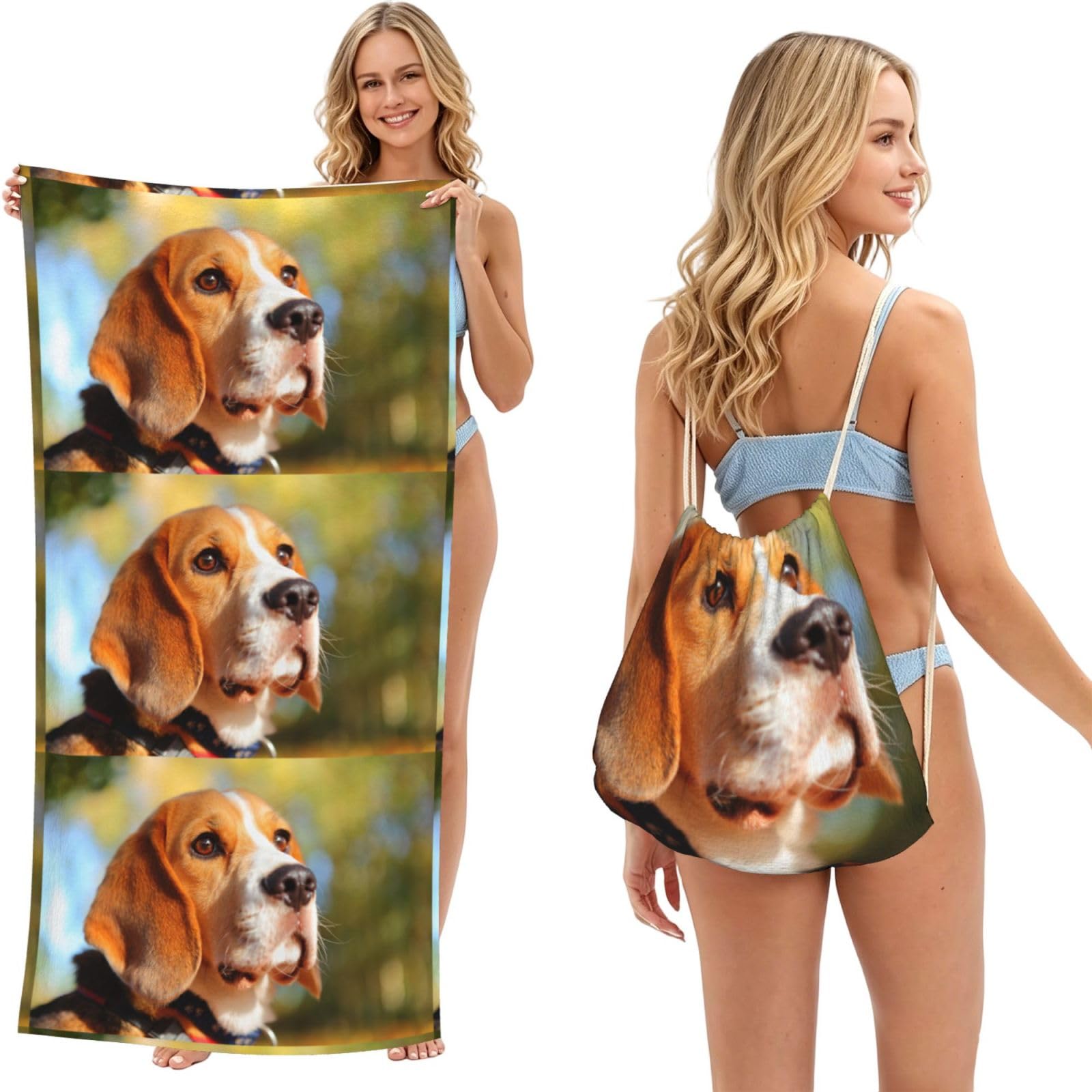 Poadnly As Picture Beagle Dogs Bokeh Pets Beagle, 2 In 1 Packable Towel Bag, Beach Towels With Drawstring Backpack For Travel Holiday Camping