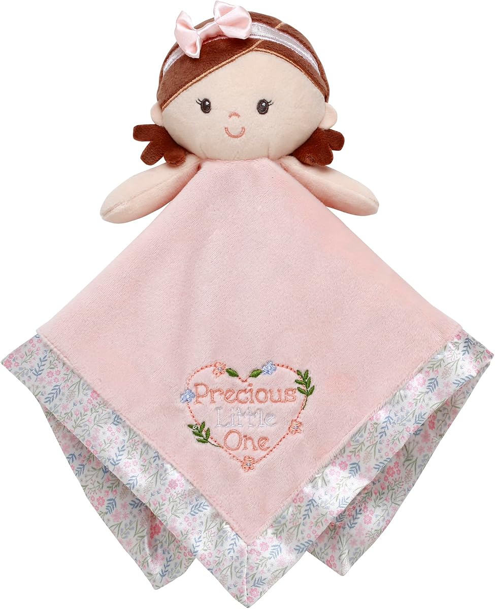 Baby Starters Plush 13 inch Doll Snuggle Buddy with Toy Rattle, Precious Little One Embroidery and Satin, Pink with Floral Trim