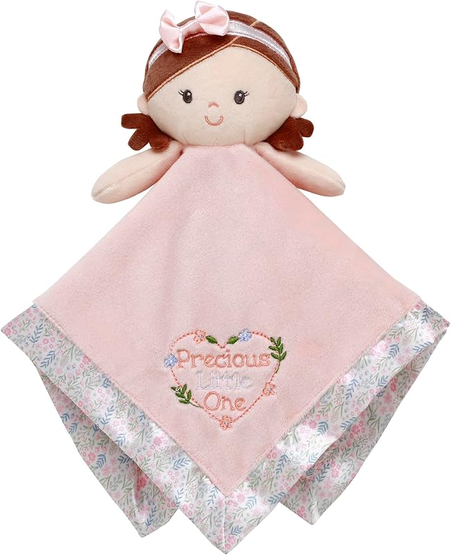 Baby Starters Plush 13 inch Doll Snuggle Buddy with Toy Rattle, Precious Little One Embroidery and Satin, Pink with Floral Trim