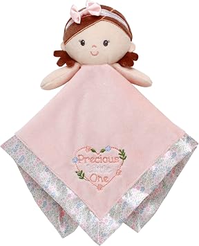 Baby Starters Plush 13 inch Doll Snuggle Buddy with Toy Rattle, Precious Little One Embroidery and Satin, Pink with Floral Trim