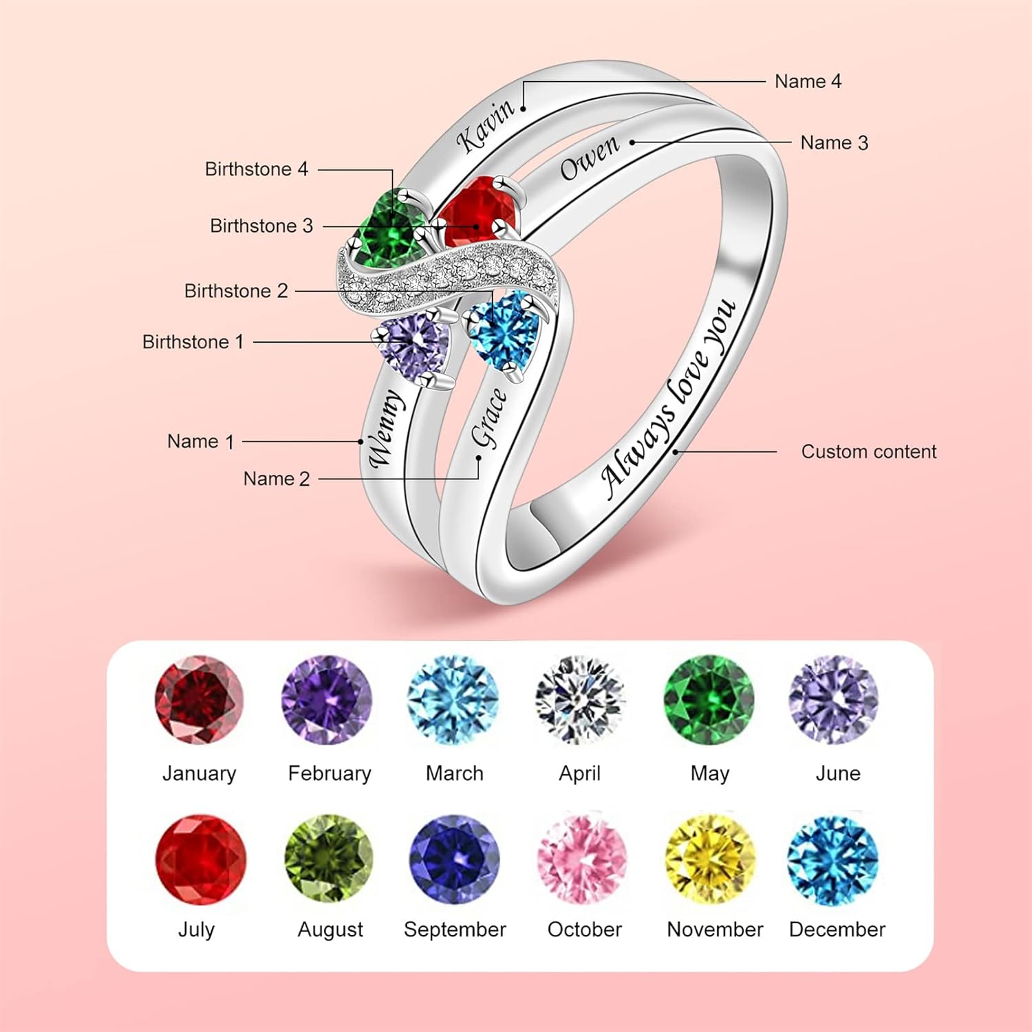 Sterling Silver Mothers Rings with Birthstones Ring for Women Personalized Rings with Family Name Custom Ring for Mom Grandma Nana