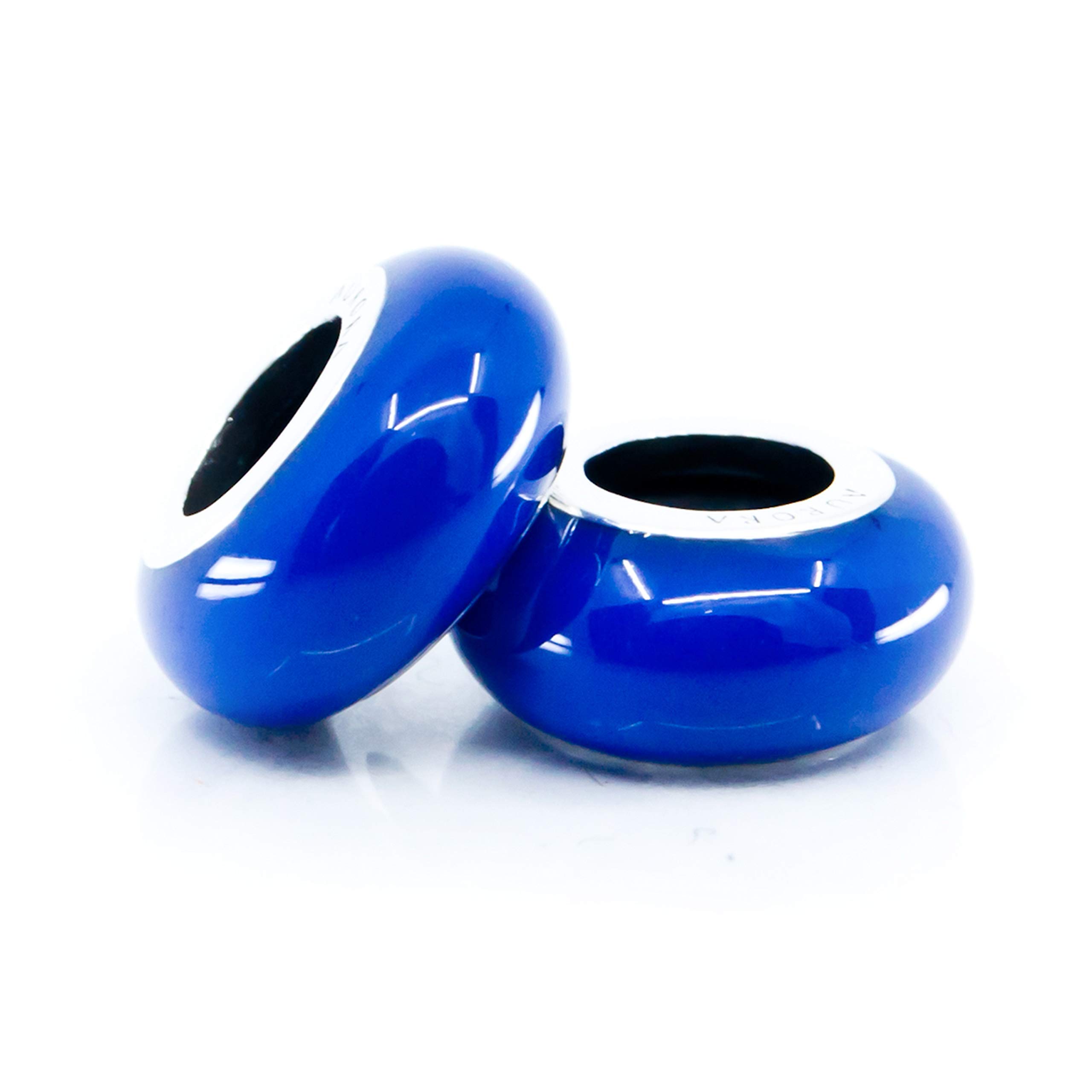 Handmade2 pcs of Dark Blue Indigo Enamel and Sterling Silver & Silicone Core Stoppers S925 for charm bracelet, Set of 2 Enamel Silver Stoppers Spacer lock Charms w/black silicone ring, Stoppers