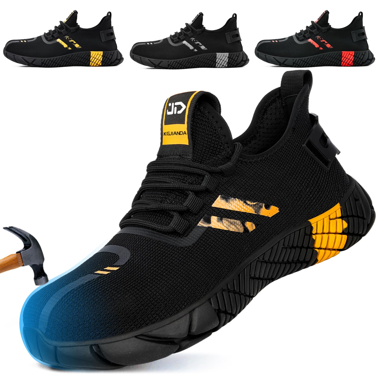 KGJIANDASteel Toe Shoes for Men Breathable and Lightweight Safety Shoes Indestructible Construction Shoes, Black Yellow, 8
