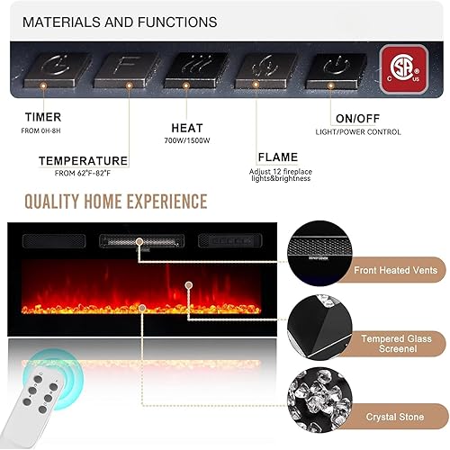 Miniatura 9 de oneinmil Soporte de consola de TV de 2 niveles con chimenea eléctrica de 36 pulgadas, centro de entretenimiento con luz LED para televisores de