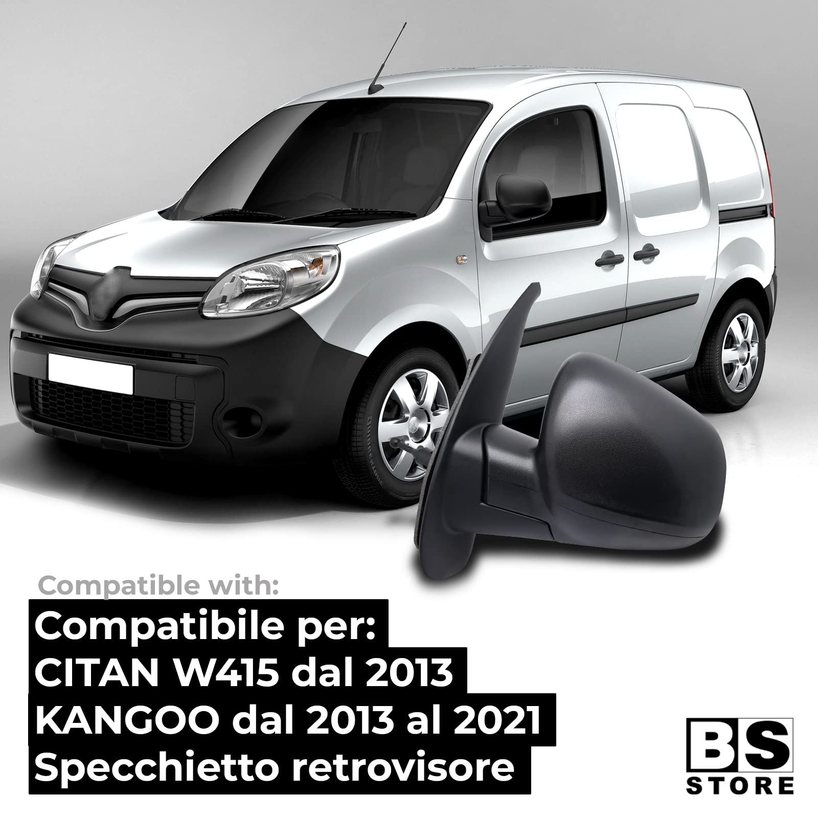 BSSTORE Espejo Retrovisor Exterior para KANGOO de 2012 a 2021 y CITAN W45 de 2012 Completo con Ajuste Mecánico (Izquierda - Lado del conductor)