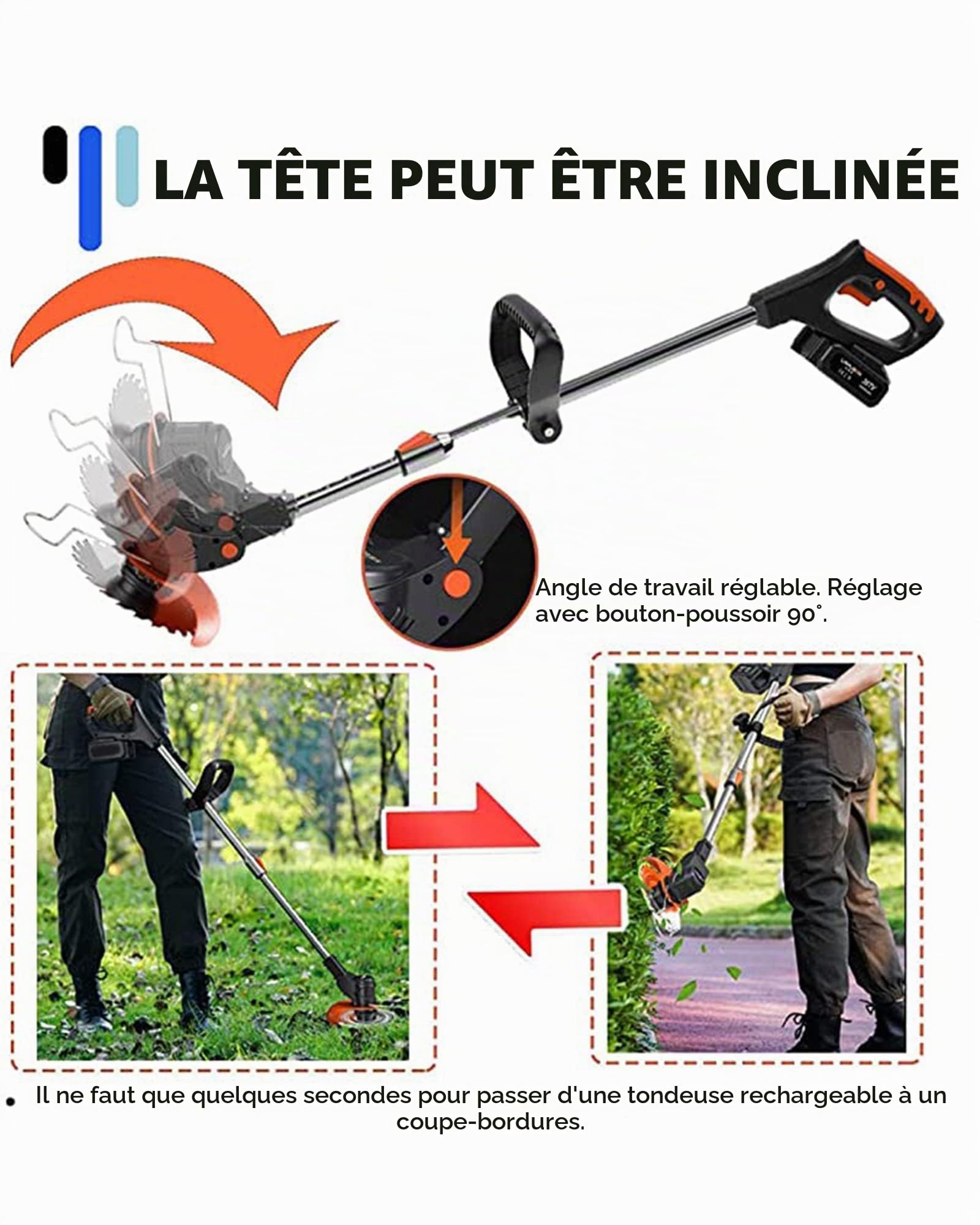 Coupe Bordure sans Fil avec Batterie, 21V Taille Haie Telescopique Débroussailleuses Rechange Tête Réglable et Poignée Télescopique pour Le Nettoyage des Mauvaises Herbes,Fleurs, Arbres