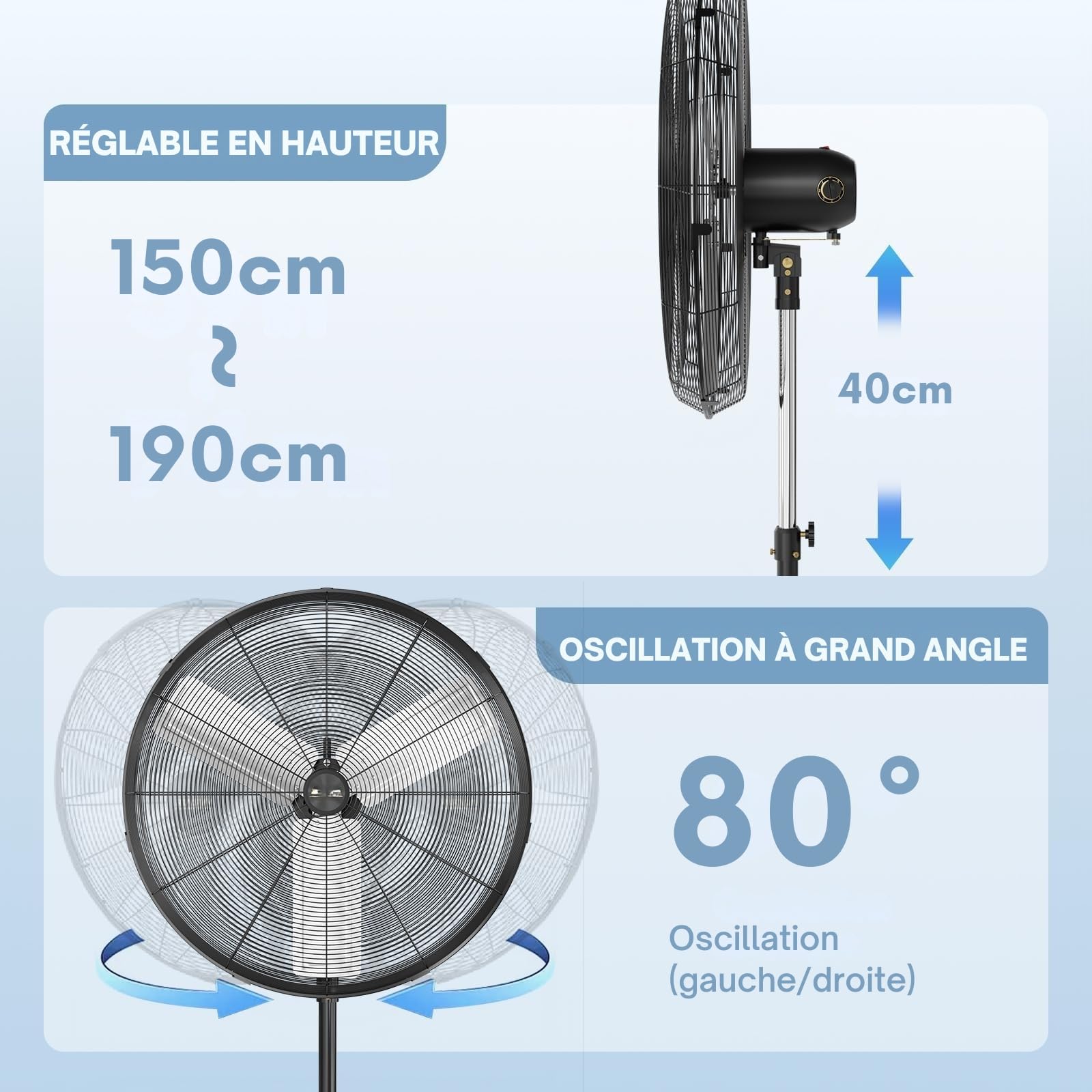 LEADZM Ventilateur industriel 66cm 12000m³/h puissant flux d'air | Hauteur ajustable oscillation 80 degrés pour ventilation large