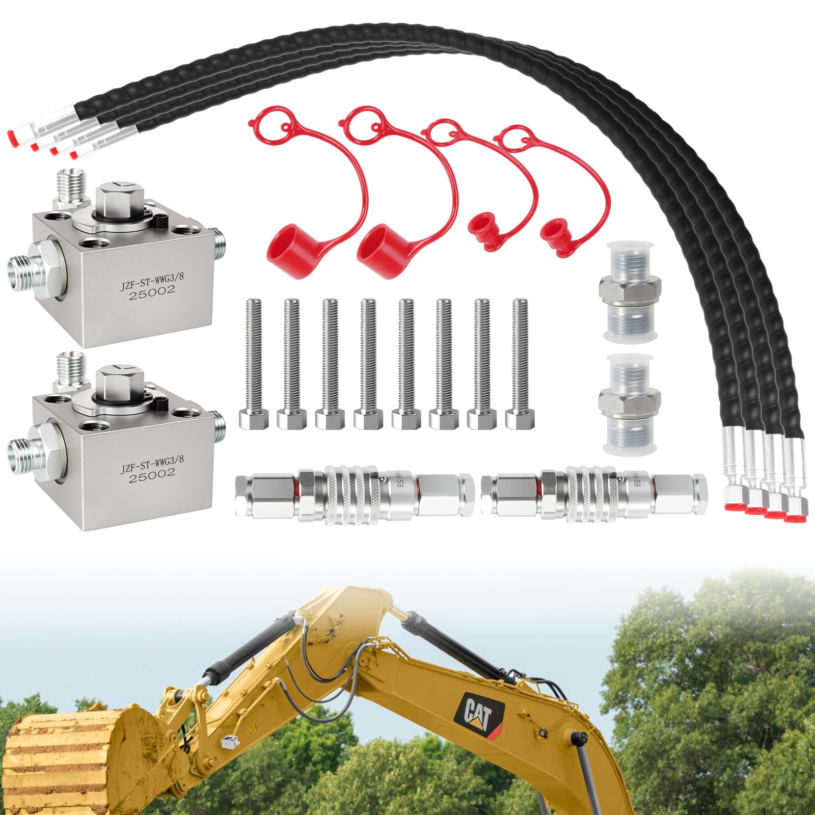 2-teiliges 3-Wege-Hydraulik-Umstellventil-Set – kompatibel mit 1–2 Tonnen Minibaggern, inklusive Schnellverbindungen, 78,7 cm flexiblen Schläuchen und M14 Hydraulik-Anschlussblock, komplettes Set