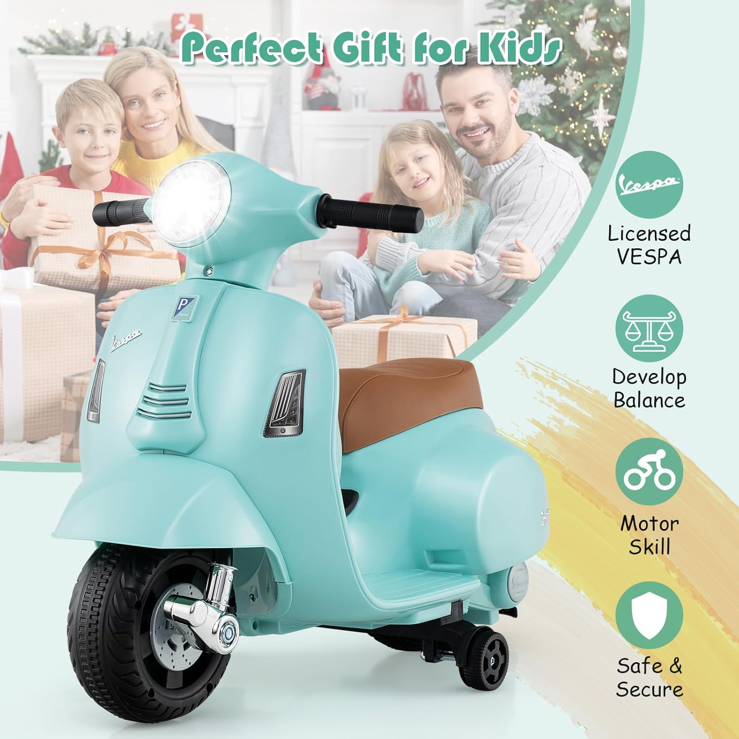 Licensed Vespa Kids Motorcycle by INFANS, 6V Battery Powered Motorbike for Toddlers with Training Wheels, Horn, LED Lights, Electric Ride on Toys for Boys Girls Aged 18-36 Months (Green)