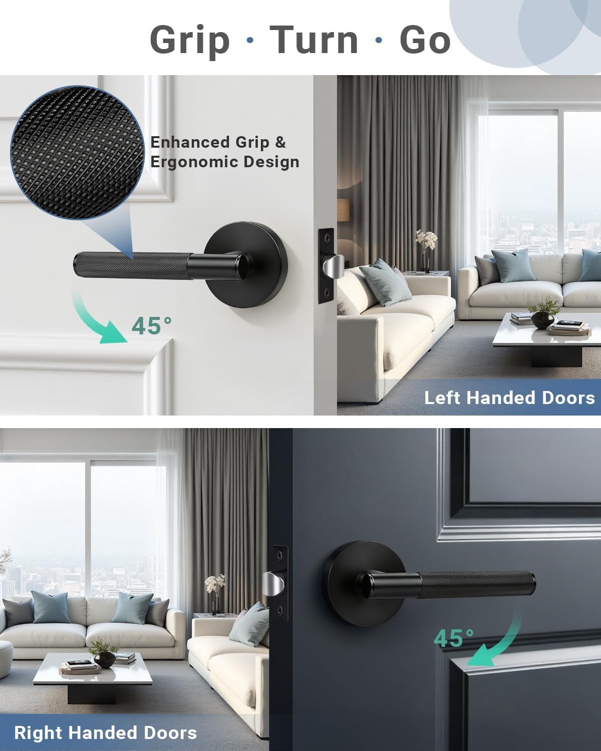 KNOBWELL 6 Pack Door Handles Passage Interior Door Knob for Hallway Closet Pantry Matte Black Leverset Modern Round Doorknob