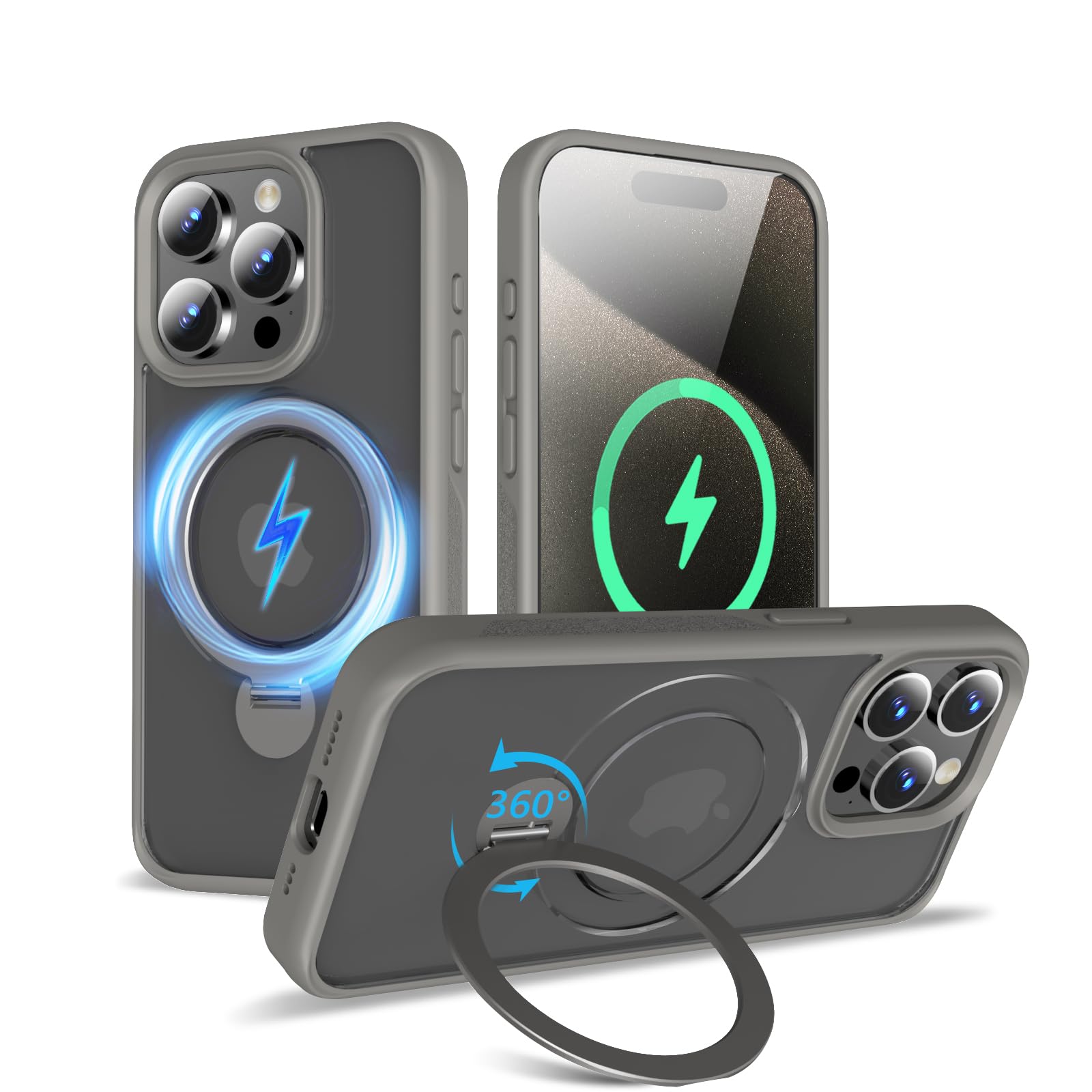 TaeliorTech 2025 Upgraded 360° Rotatable Magnetic Ring Stand for iPhone 15 Pro Case 6.1'',Military Drop Protection,Compatible with MagSafe,Matte