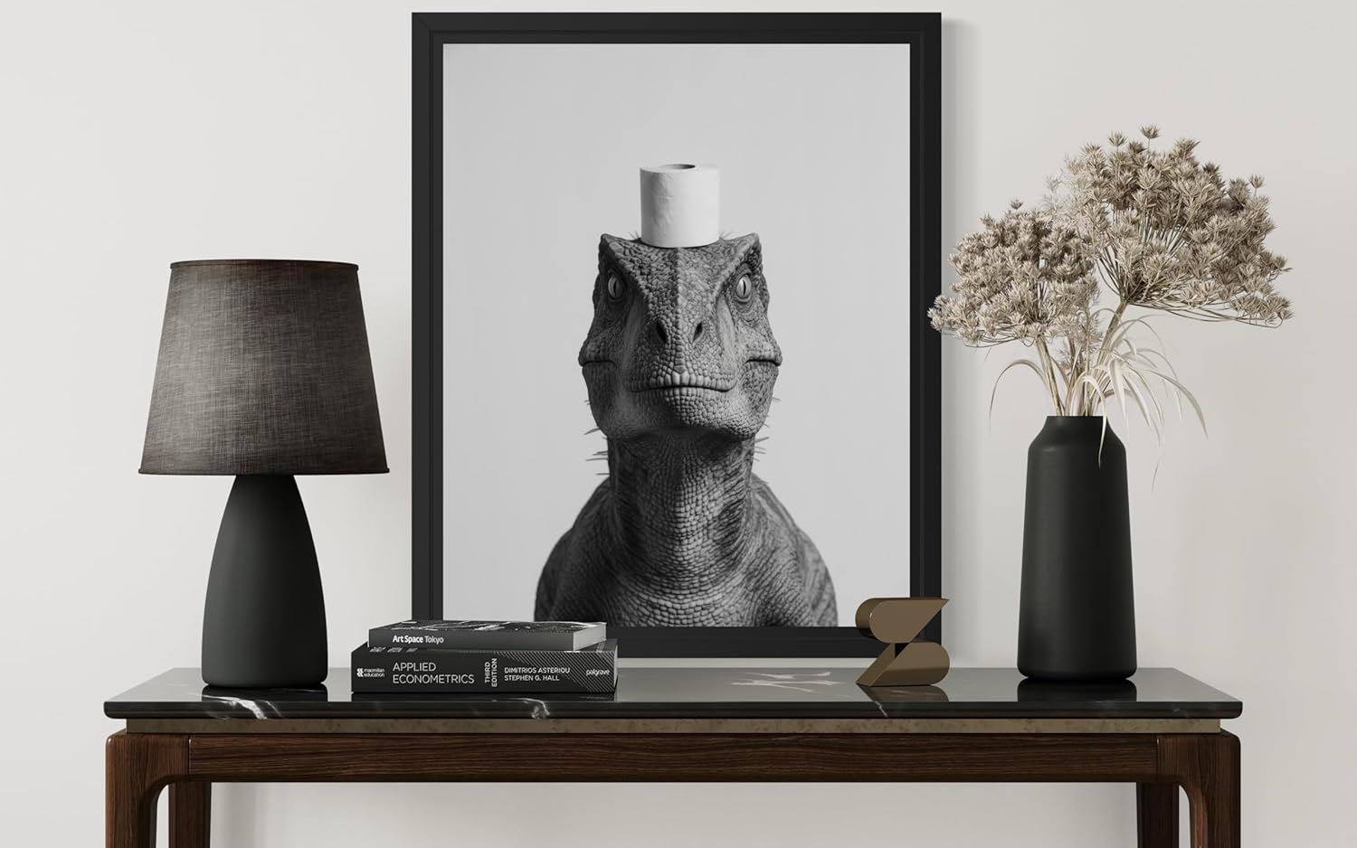 Dinosaur and Toilet Paper Poster Framed Art Print, Animal Funny Humor Restroom Painting Wildlife Bathroom Bath Wall Art Decor Nature A10 (Dinosaur and Toilet Paper, 14" L x 11" W, Black Frame)