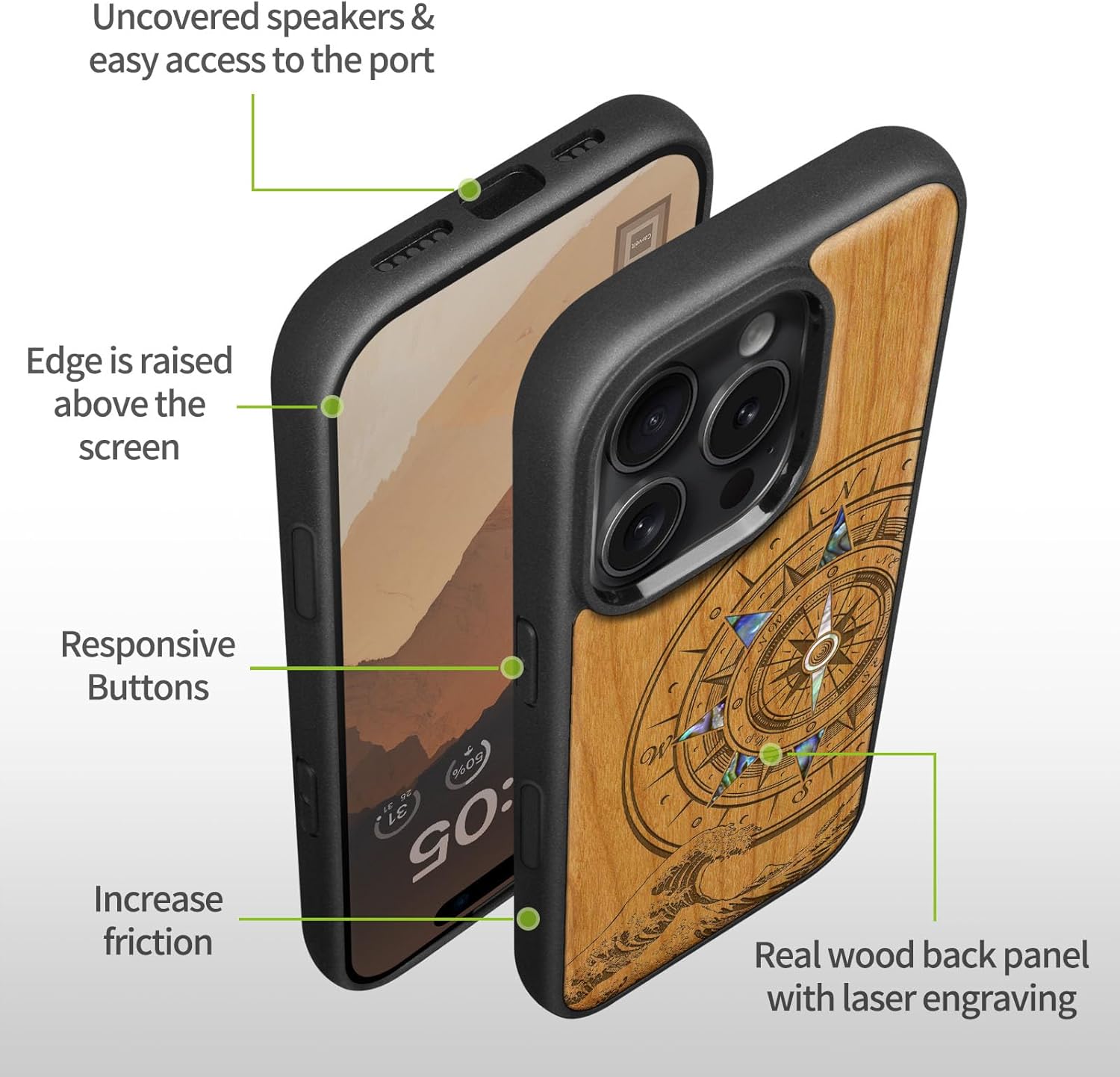 Carveit Magnetic Case for iPhone 16 Pro Case, Wood Artisan Engraved & Handmade Shell Inlaid, TPU Shockproof Cover, Compatible with MagSafe Wireless Chargers (Wave Compass) Cherry