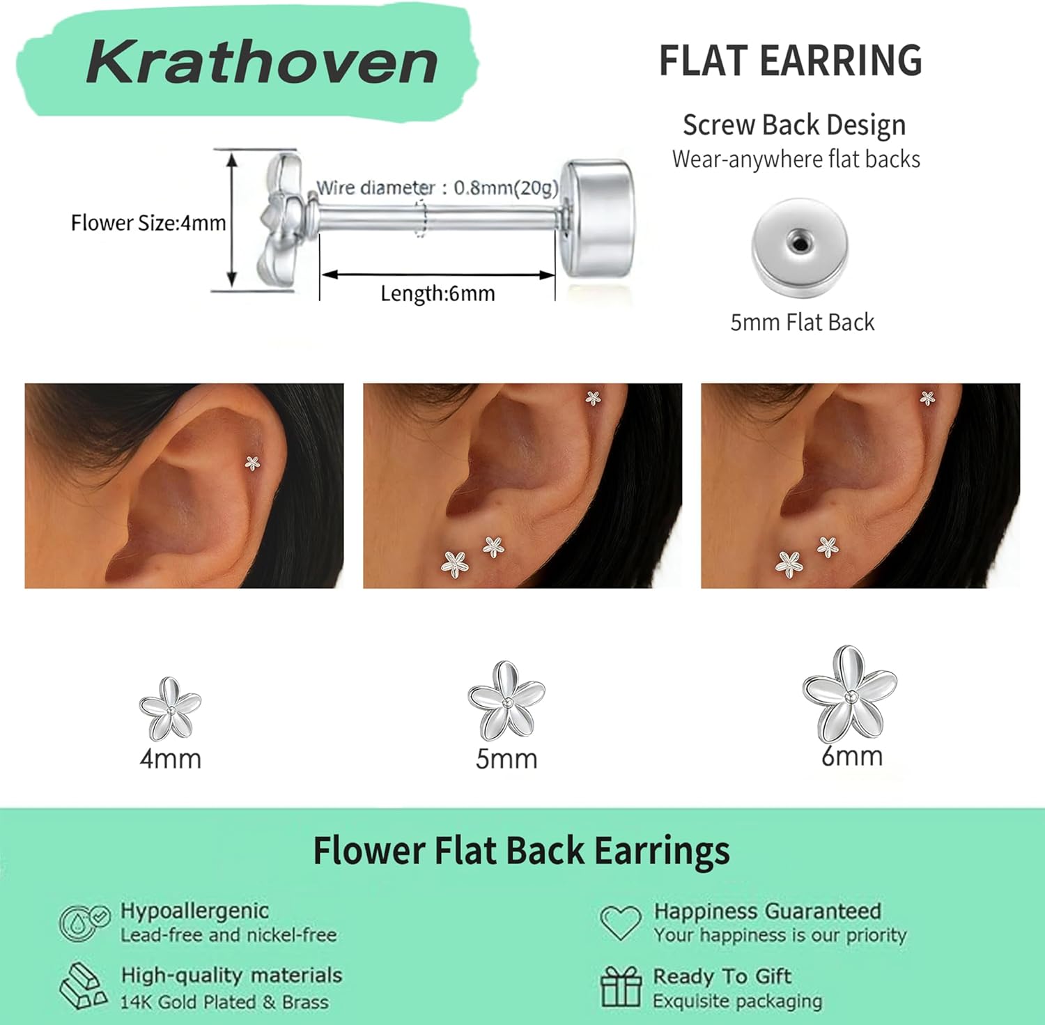 Flat Back Earrings for Women,14k Gold/Silver Plated Small Flat Back Stud Earrings Cartilage Helix Multiple Piercing Jewelry Hypoallergenic Earrings for Sensitive Ears -3-piece or 3-pair - Image 4