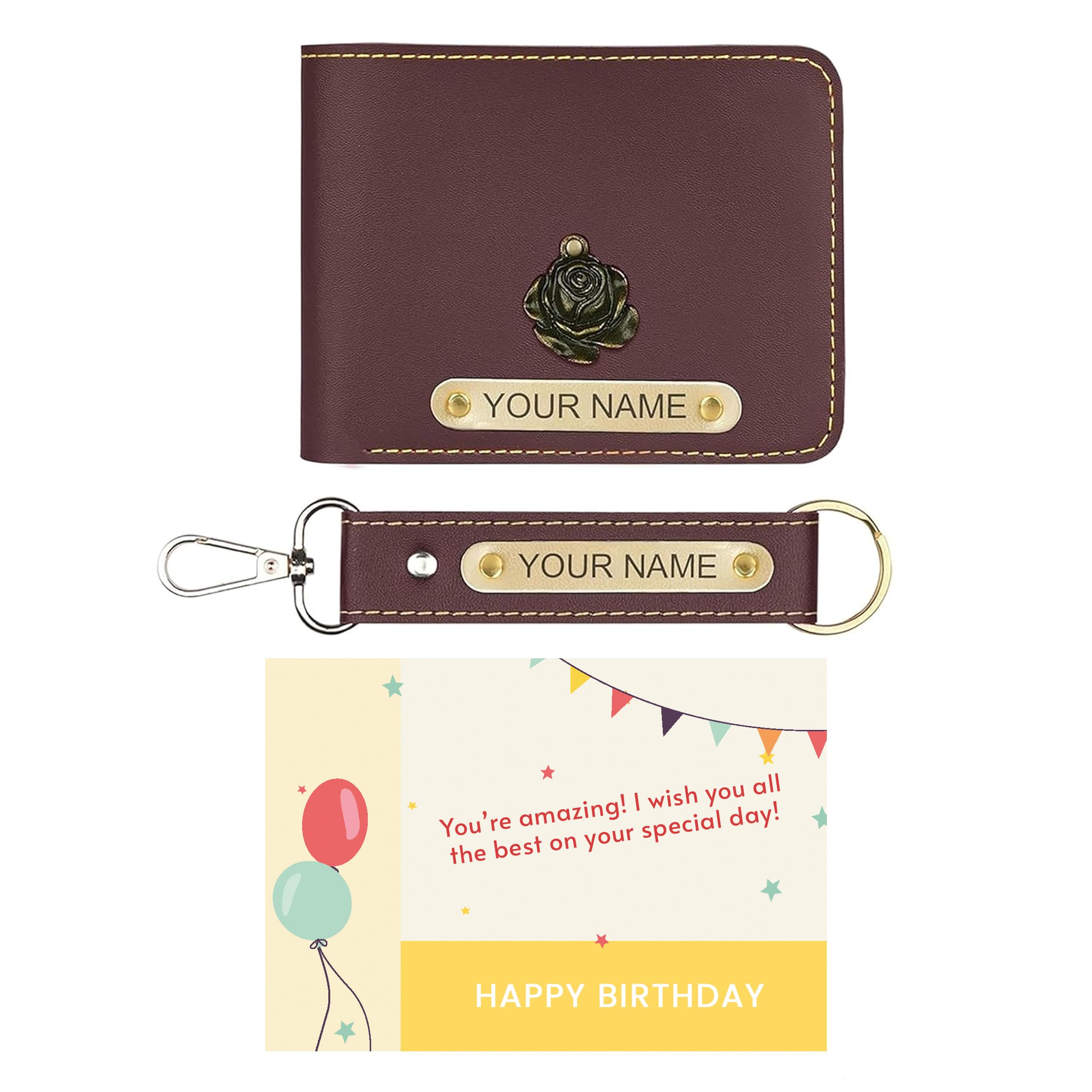 Personalized Wallet & Keychain Combo with Name & Charm 2 in 1 Gift Set | Best for Valentine's Day Gifting | with Free Personalized Greeting Card (Brown)-image-11