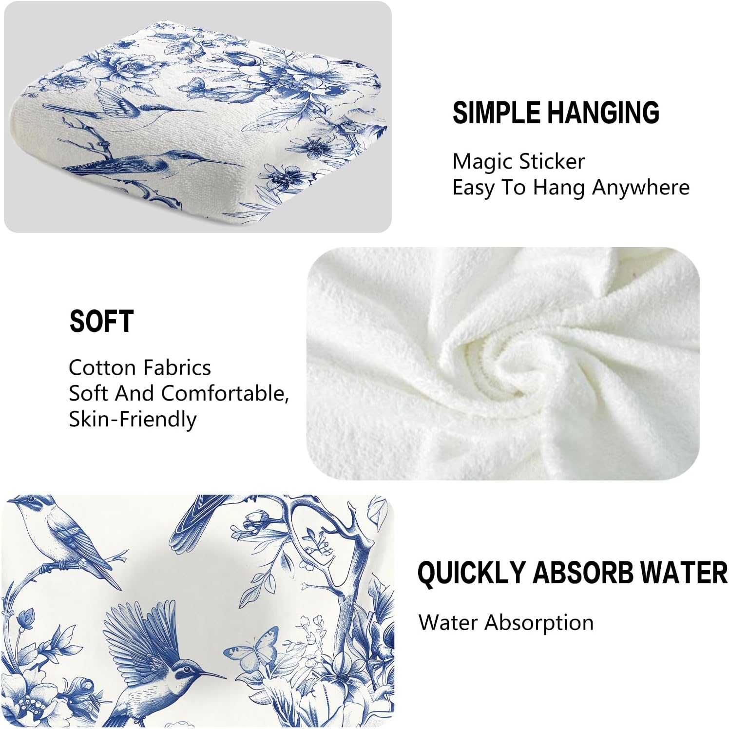 Blue Floral Hand Towels for Bathroom Humingbird Kitchen Towels Watercolor Flower Bathroom Hand Towels Set of 2 Lightweight Breathable Summer Hand Towels for Gym Hotel Sport 28.7x13.7 Inch - Image 3