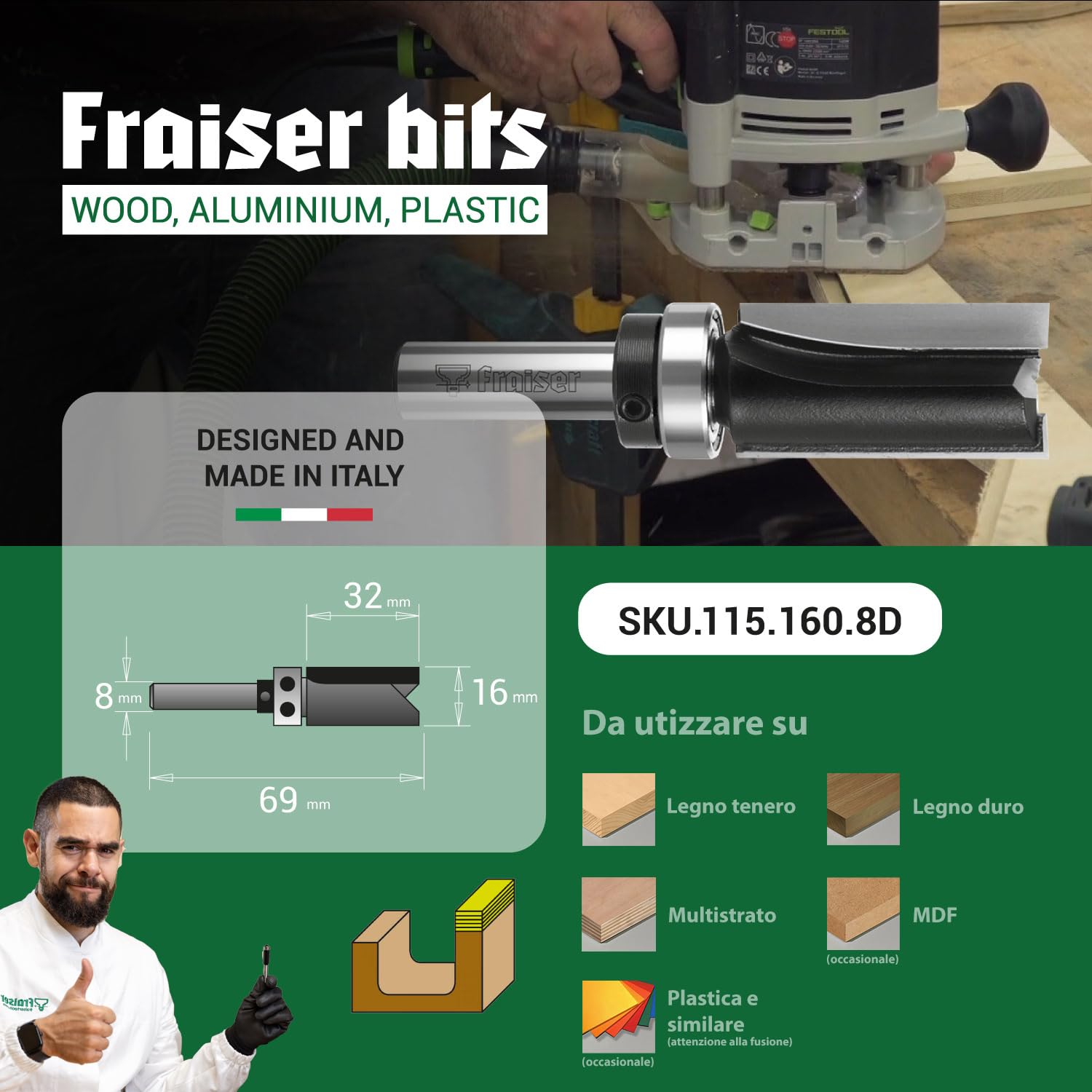 Fraiser - Fresa a copiare con cuscinetto per legno, diametro 16 mm, gambo 8 mm, per fresatrice verticale e rifilatore