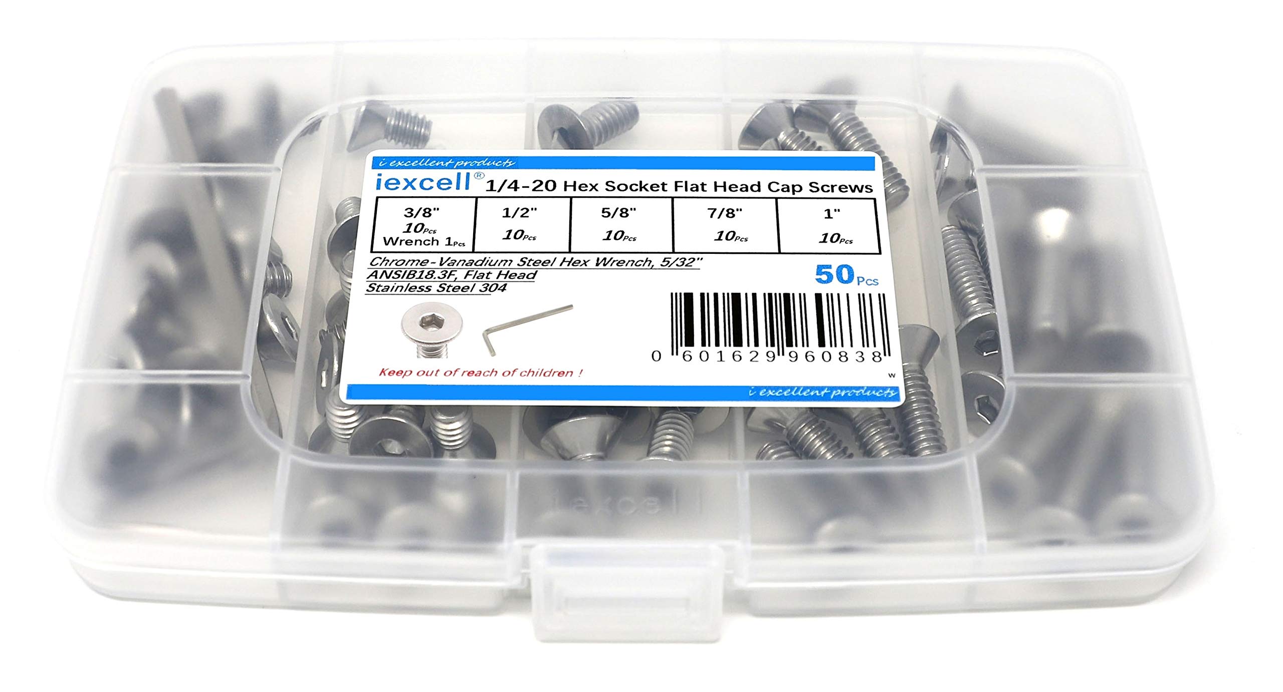 iExcell 50 Pcs 1/4-20 x 3/8" 1/2" 5/8" 7/8" 1" Stainless Steel 304 UNC Threads Hex Socket Flat Head Cap Screws Bolts Assortment