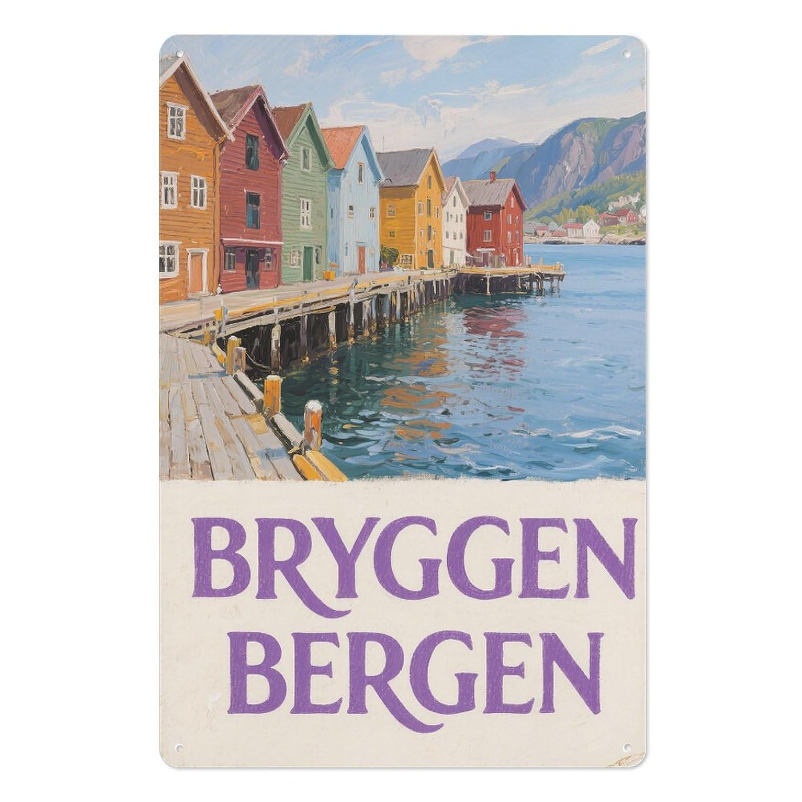 Bryggen Bergen Retro Design Tin Paintings Vintage Tin Sign 08x12inch(20x30cm) Wall Art for Home Office Bedroom Living Room Cafes Wall Decor