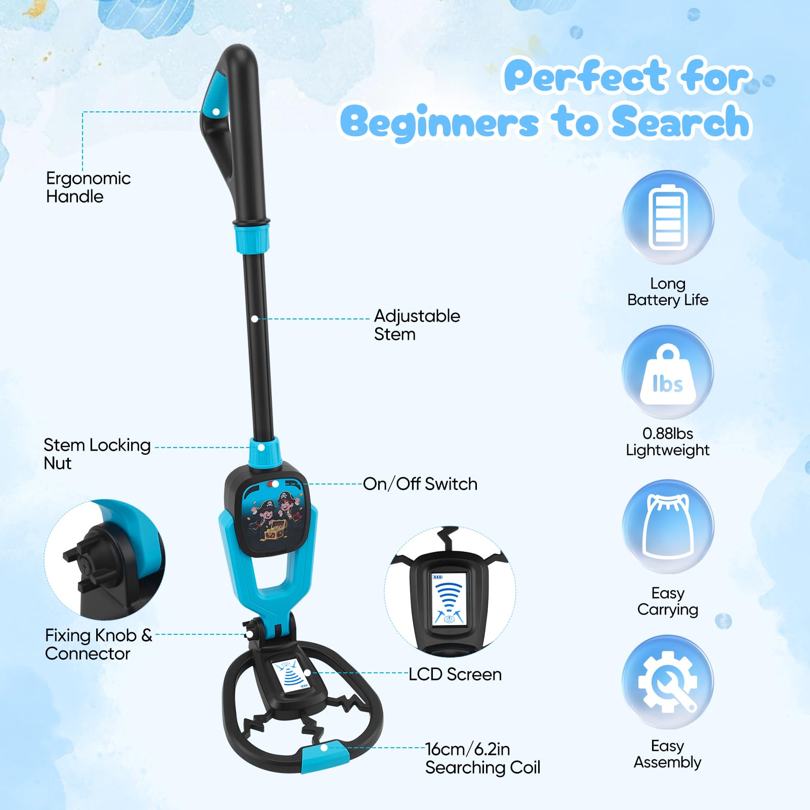 Metal Detector Bambini, Metal Detector per Bambino con Asta Regolabile 72–83 cm, Display LCD, Bobina di Ricerca Impermeabile, Ad Alta Sensibilità Metal Detector per Bambini con Borsa Pala