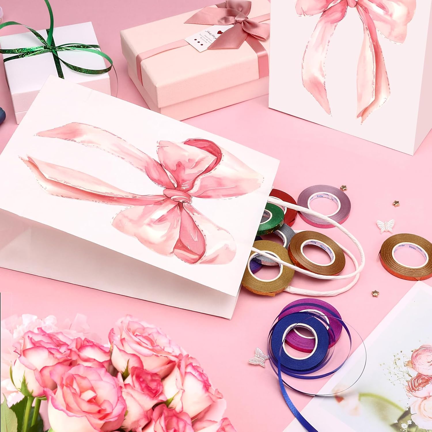 Draupnir 24PCS Coquette Pink Bow Paper Gift Bags, Party Favor Bags, Pink Goodie Bags for Birthday&Bachelorette Party Decoration Coquette Bow Gift Pouches with Handles 8.3x5.9x3.1 Inch - Image 3