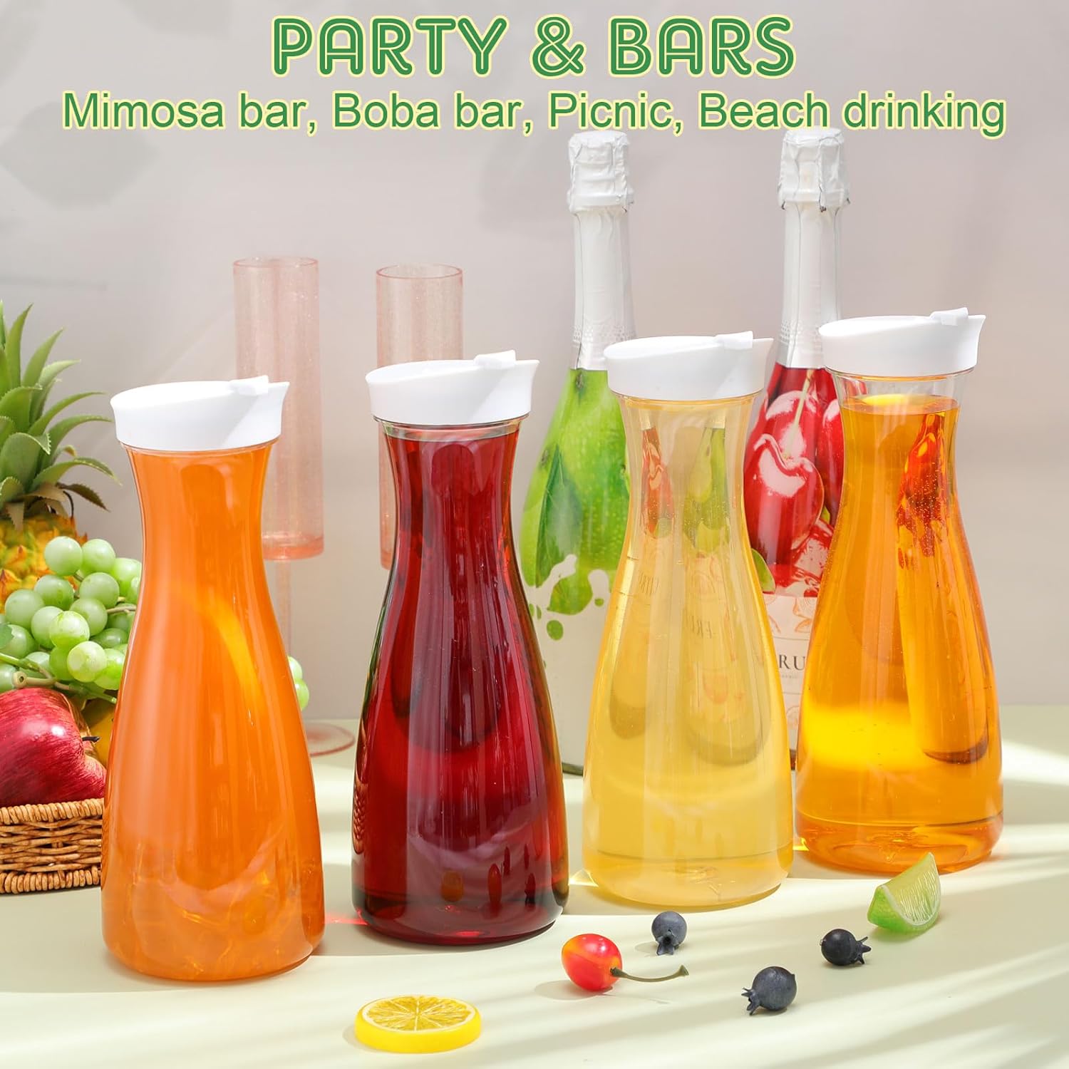 30 Packs Plastic Carafe with Lids, 34 oz Clear Mimosa Juice Containers, Acrylic Beverage Carafe Pitcher Drink Containers for Fridge Outdoor Iced Tea Juice Party Mimosa Bar(Trendy)