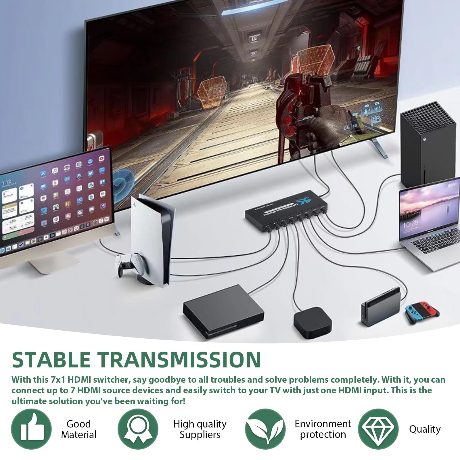 Switch HDMI 7 in 1-out, 4 K, 60 Hz, 7 x 1 HDMI, con telecomando, cavo di alimentazione, 7 connettori multipli, switch automatico, supporta HDMI2.0/HDR10 per switch, Xbox, PS4, HDTV, TV Stick, Blu-Ray
