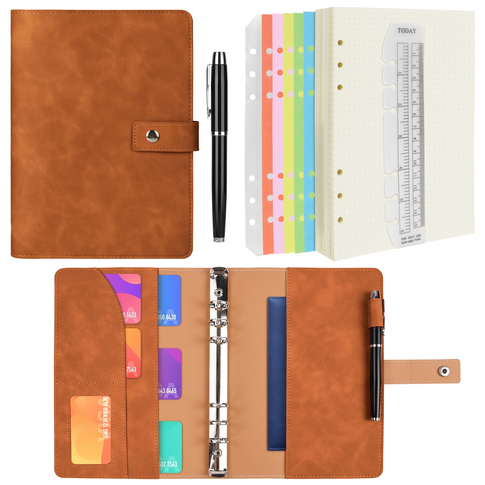Cuaderno A6 Anillas de Cuero Sintético, Recargable Libretas Bonitas con Cuadrícula de Puntos A6, Bolsillos Interiores y Separador de Índice, Agenda Ahorro para Viajes, Trabajo, Escuela (Marrón)