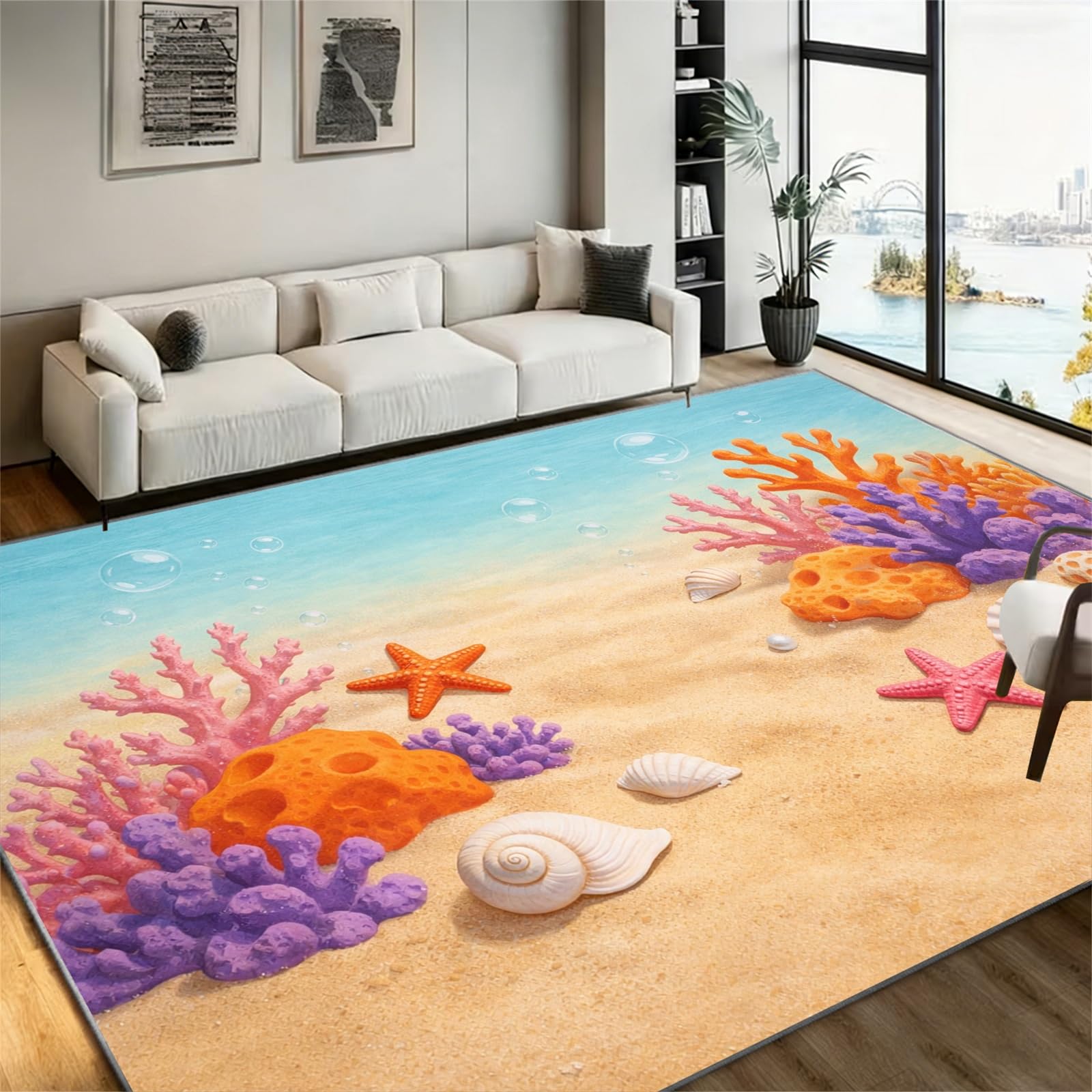 LHOMKCV Beach Theme Large Carpet 120x180cm, Tropical Sandy Ocean Floor with 3D Coral & Starfish, Washable Non-Slip Rug for Bedroom Living Room Lounge