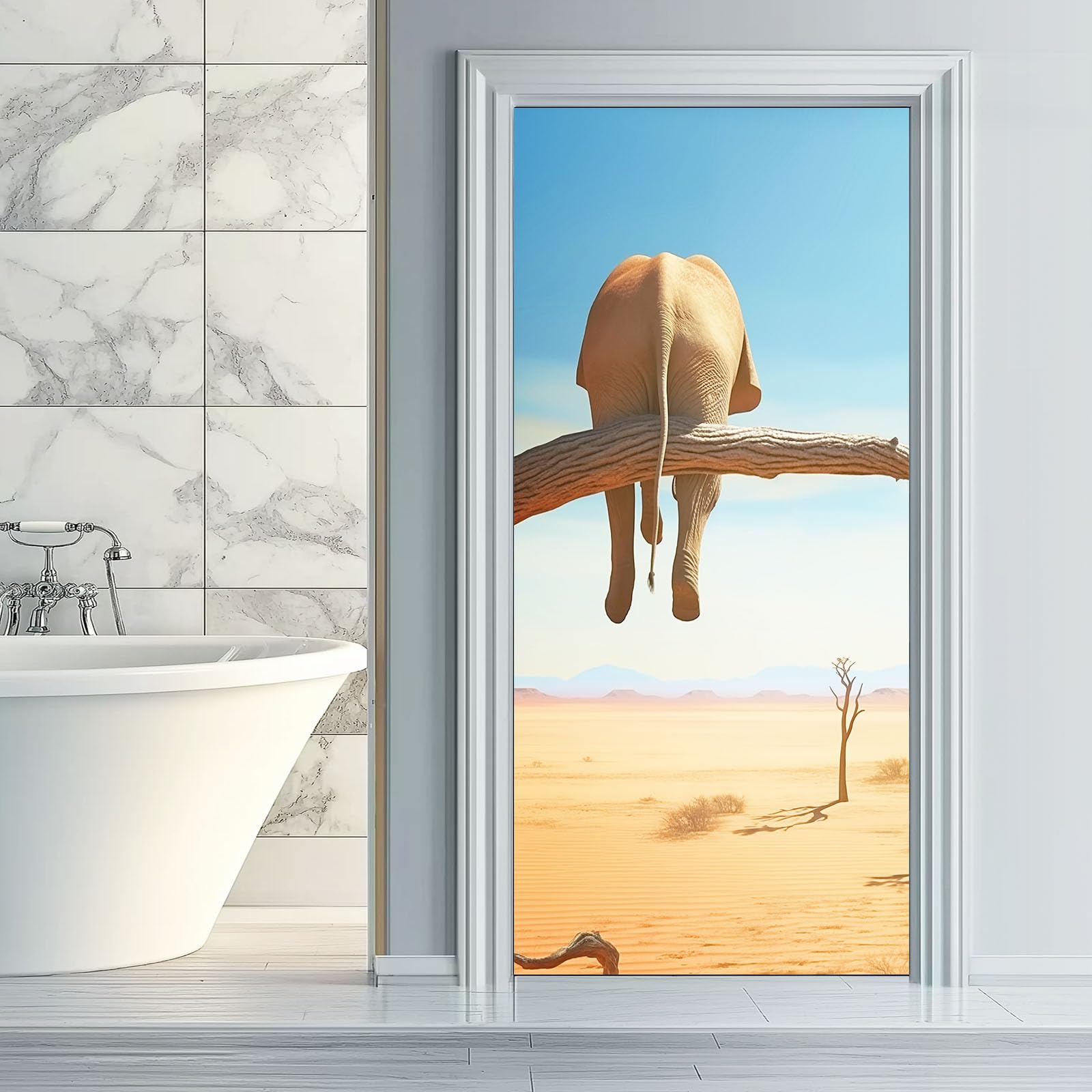 Animal Elephant - Poster adesivo per porta, autoadesivo, da parete, motivo: natura dune, cielo, blu marrone, adesivi per porta in PVC, per camera da letto, soggiorno, cucina, 95 x 215 cm