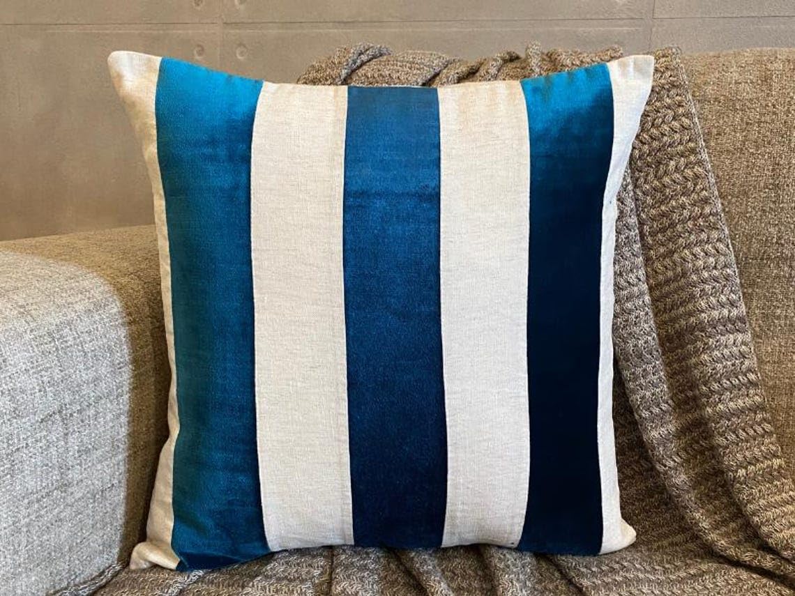 The HomeCentric Decorativo Blu acqua Fodere per cuscini, Set di 2, 45x45 cm Velluto Cuscino, Fodera per cuscino con Patchwork, A strisce Cuscino, Moderno Fodere per cuscini - Velvet Band Teal