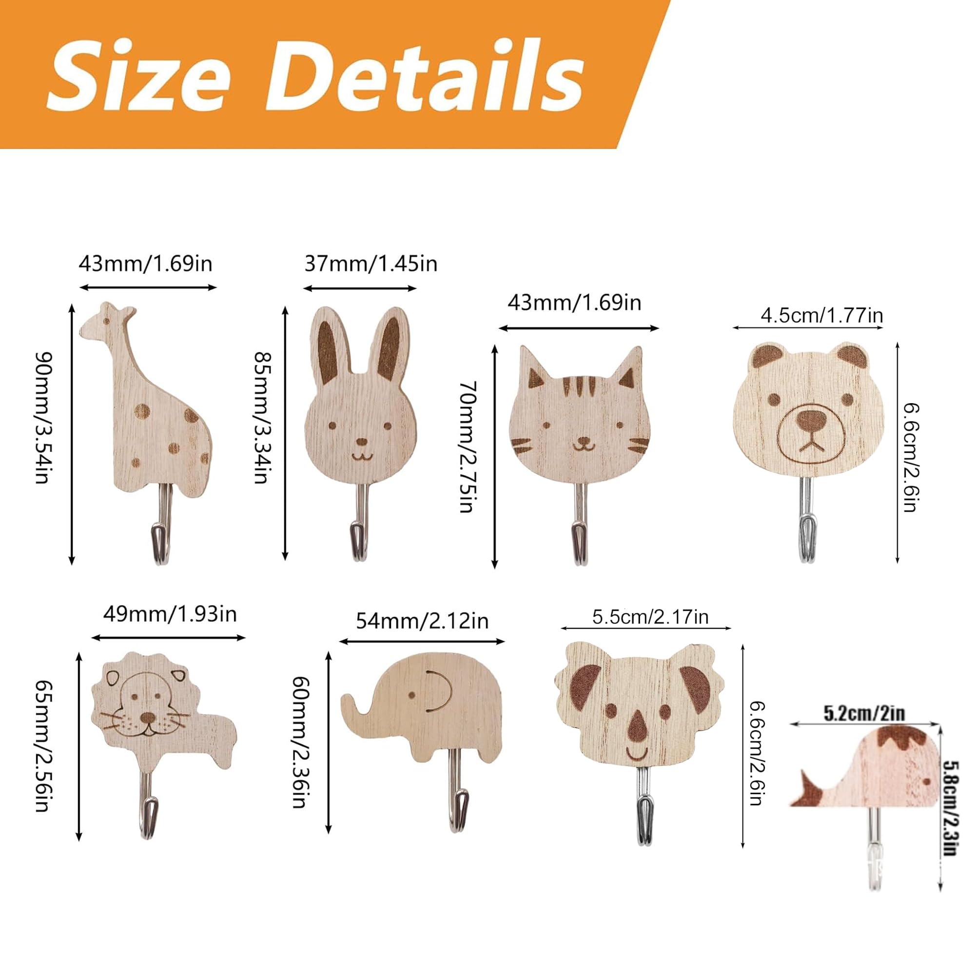 Garçonnière en Bois pour Enfants, Lot de 8 Crochets Adhésifs Animaux - Éléphant, Baleine, Chat, Lion, Lapin, Girafe pour Enfants - Crochets de Rangement à Fixation Murale pour Chambre d'enfant