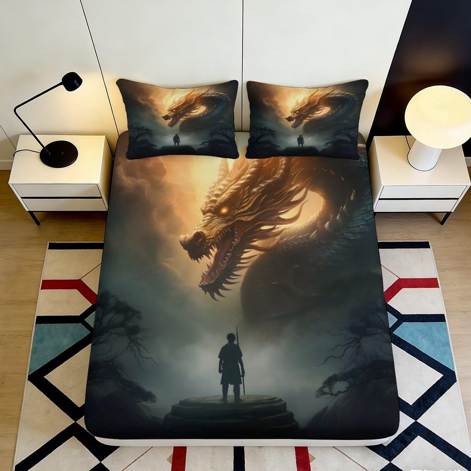 3D Printed Dragon Fantasy Fitted Sheet Microfiber Soft Breathable Dark Forest Bed Cover for Bedroom Dorm Decor 90x200x25cm