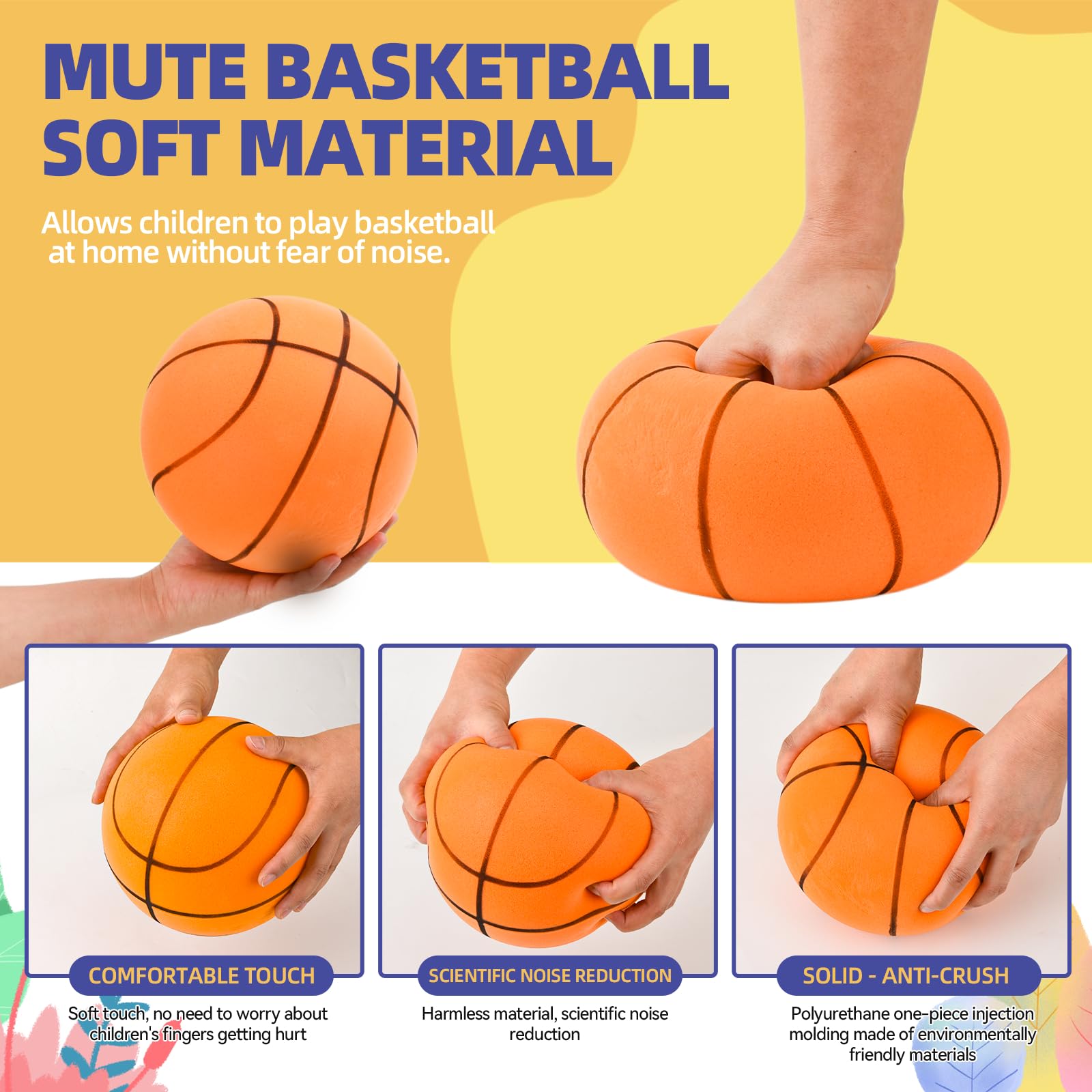 Ballon de Basket Enfant, Ballon de Basket Silencieux Taille 3, 18cm Ballon Basket Mousse, Basketball d'intérieur Silencieux, Silent Ball Basketball avec Panier, pour Enfants 3 4 5 6 Ans