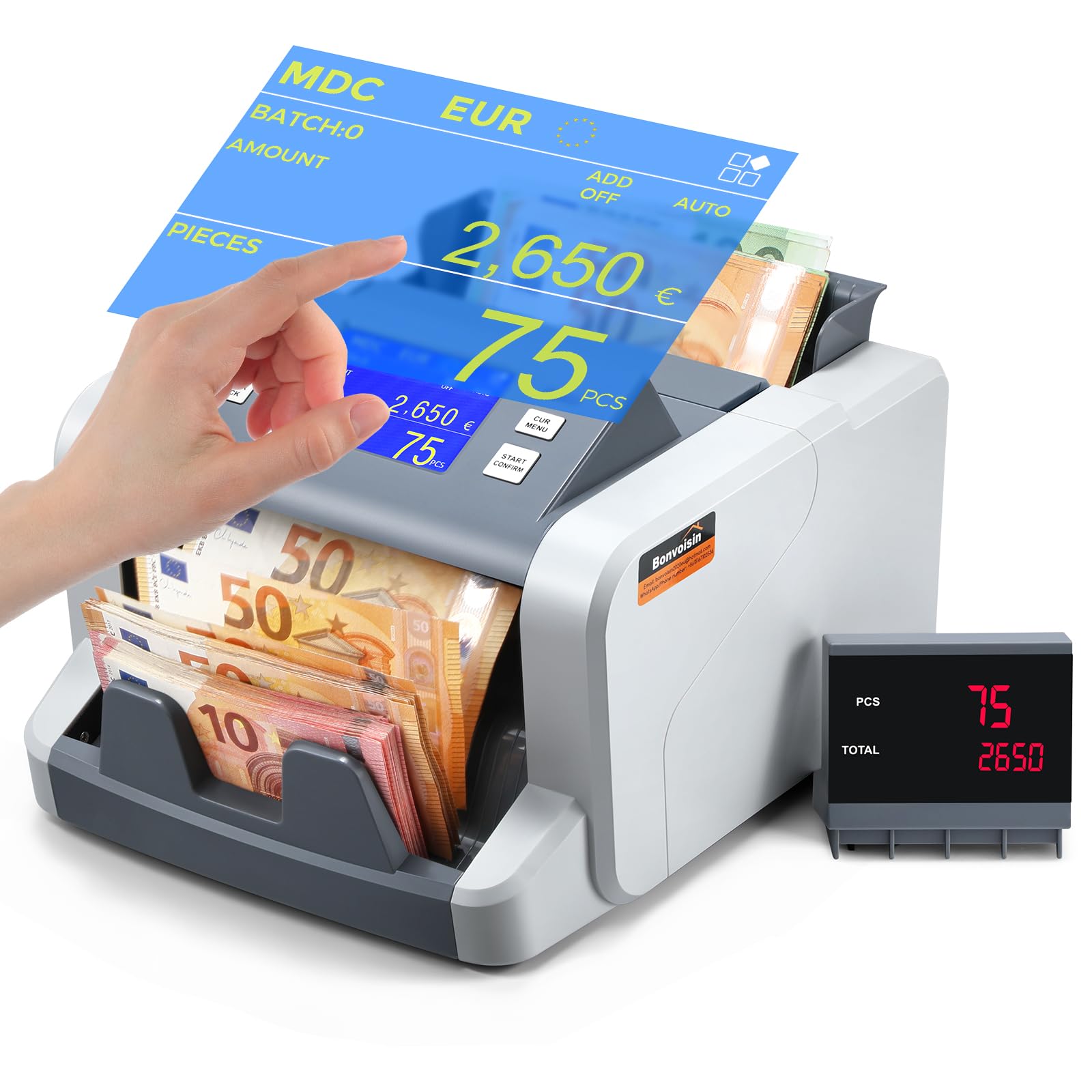 Bonvoisin Conta Banconote Professionale, Conteggio del Valore per Tagli Misti, Macchina Conta Soldi con Rivelazione di Falsi 1CIS/UV/IR/MG, Contabanconote Schermo Tattile,1500 Banconote/Min