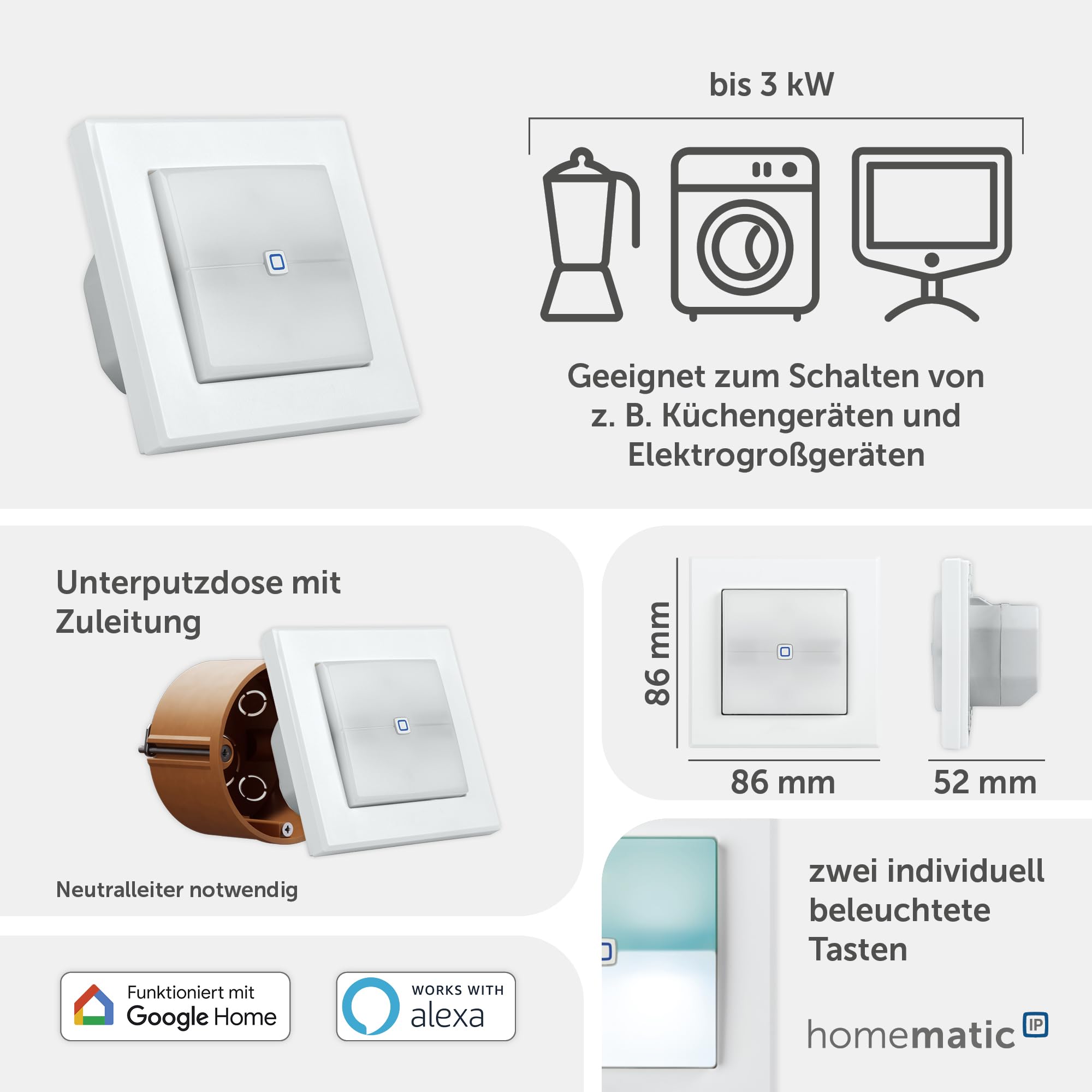 Homematic IP Schaltaktor für Markenschalter – mit Signalleuchte | Smart Home, zwei beleuchtete Tasten, steuert Geräte und Leuchten per App, Alexa & Google Home, Energie sparen, 152020A0