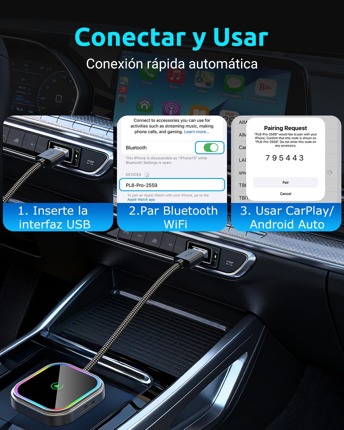 ESSGOO Mini Adaptador Inalámbrico para CarPlay/Android Auto, Adaptador 2 en 1 CarPlay Inalámbrico Bluetooth con Enchufe USB, Compatible con iOS 10+ y Android 11+, RGB con Control de Voz