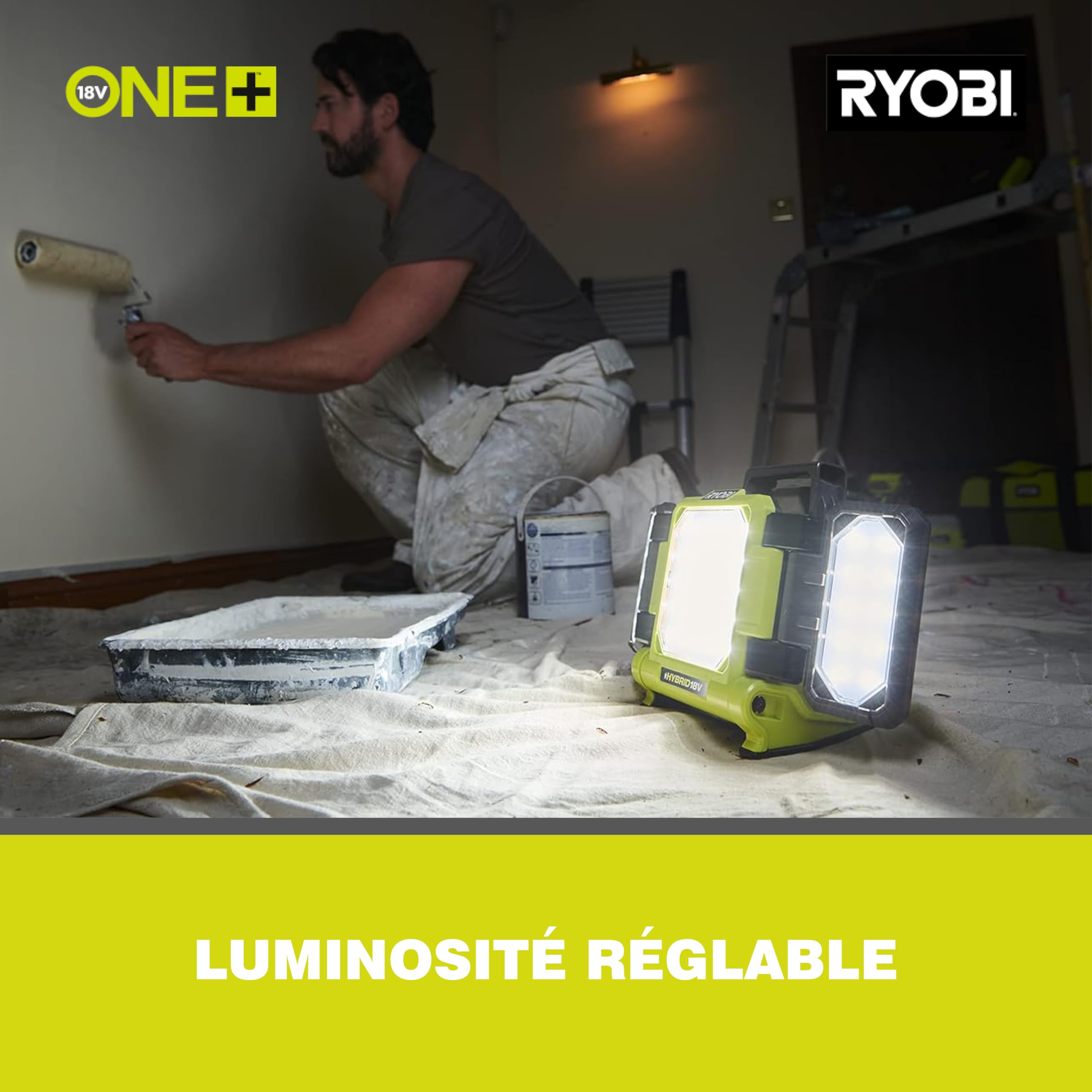 RYOBI - Lampe Triple panneau lumineux LED Sans Fil 18V ONE+ RLP18-0 – Tête Orientable, montage trépier possible, Compacte – Idéale Chantier, Garage, travaux peinture – Batterie Non Incluse