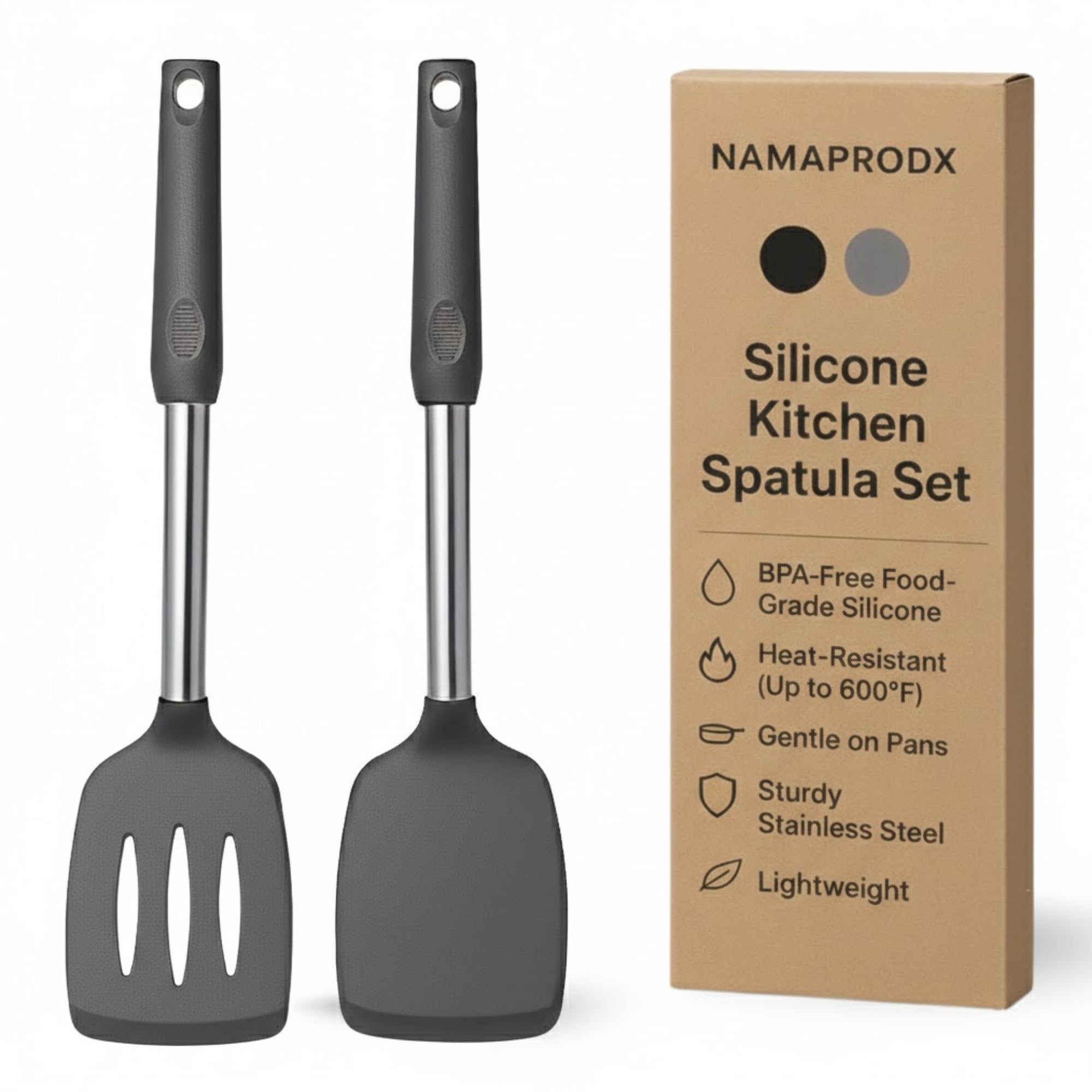 NAMAPRODX Silicone Spatula Set (2-Pc) - 600°F Heat Resistant, BPA Free, Non-Scratch, Dishwasher Safe I Slotted & Solid Kitchen Spatula Turners I Ideal for Eggs, Pancakes, Fish I Stainless Steel I Gray