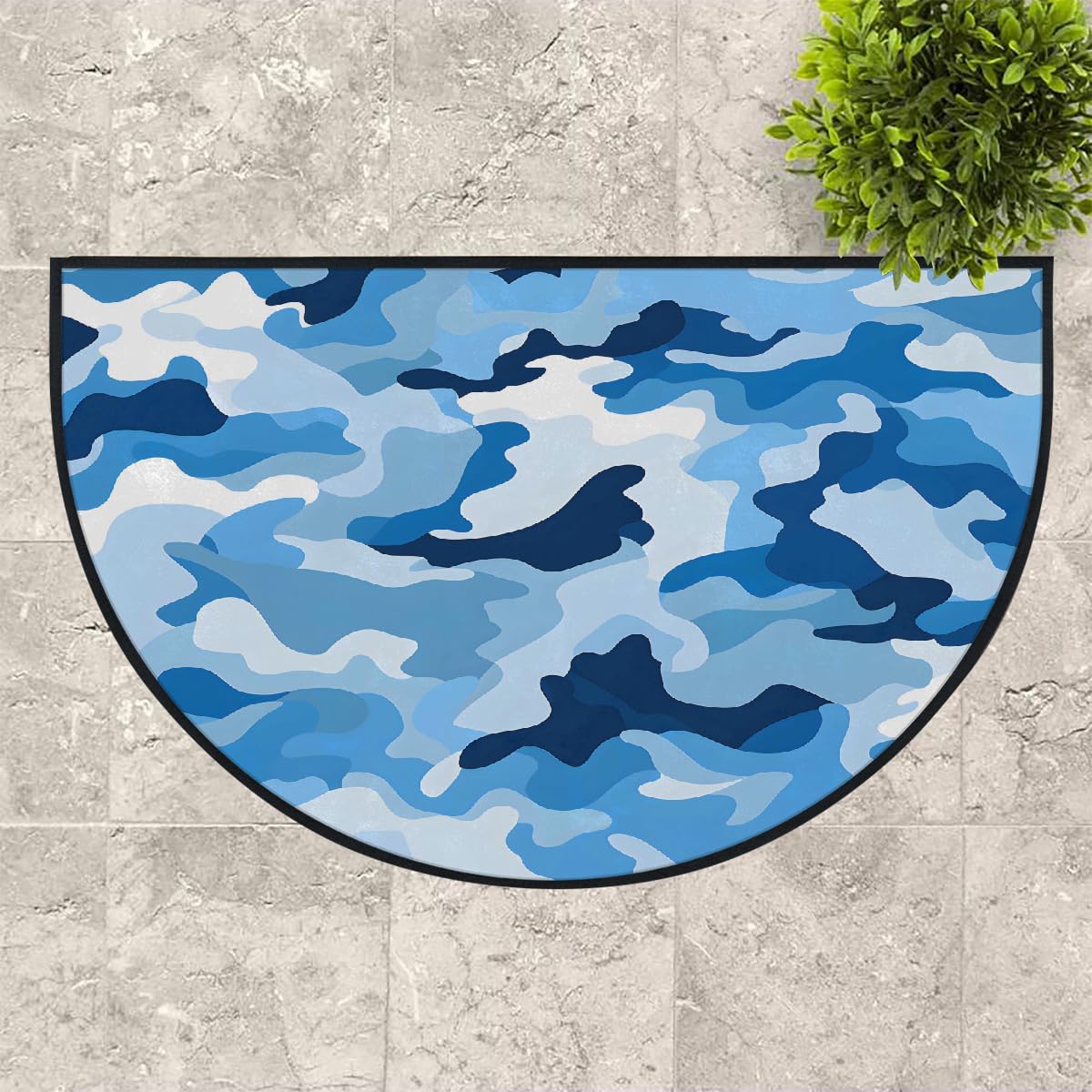 Mexpekil Paillasson demi-lune bleu clair camouflage pour intérieur et extérieur - Demi cercle - Absorbant - Demi cercle - Attrape la saleté - 100 x 160 cm