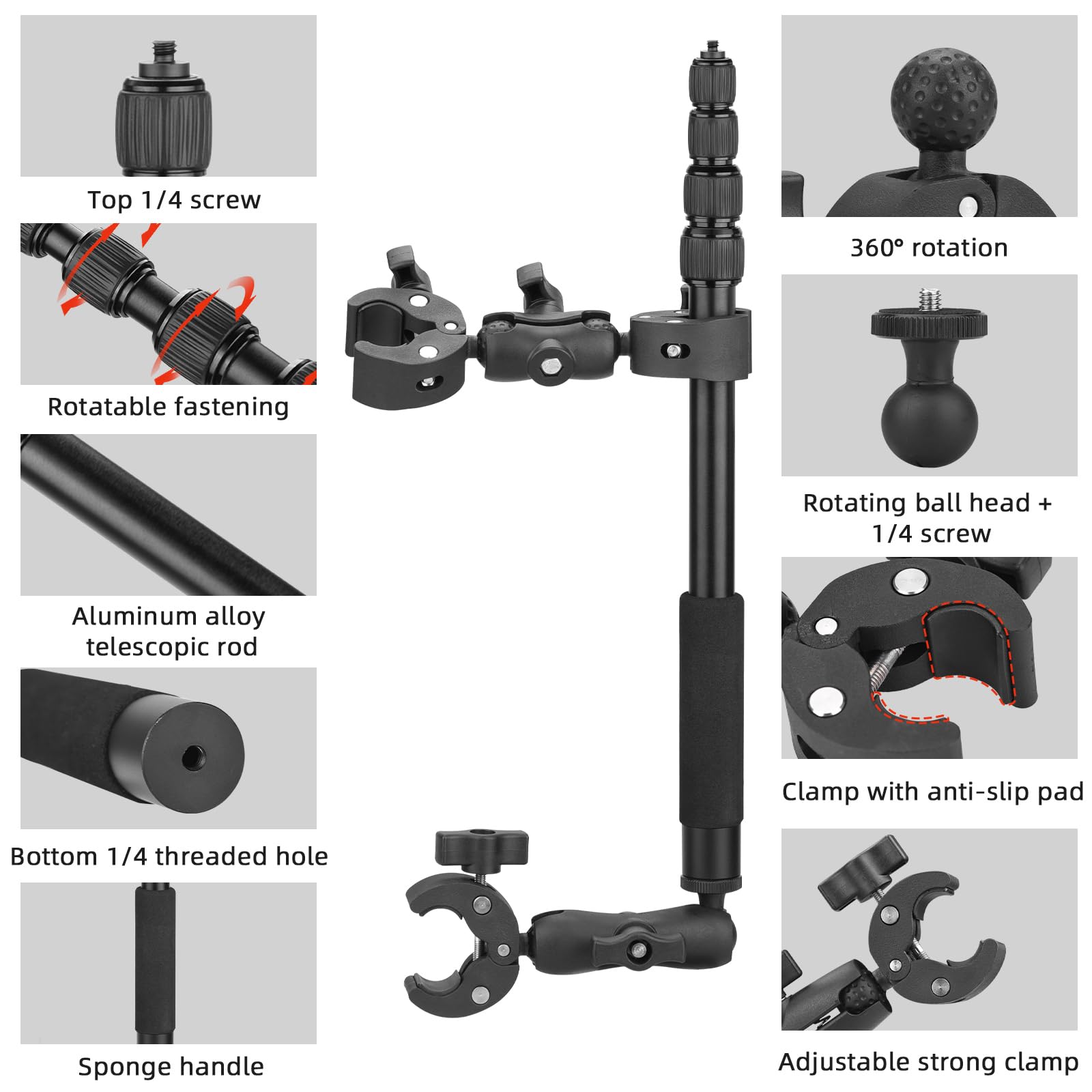 BRDRC Uchwyt motocyklowy do Insta 360 X4 X5, uchwyty zaciskowe na kierownicę rowerową, 150 cm, niewidoczny zestaw do selfie Stick do Insta360 X5 X4 X3 X2 X ONE, DJI OSMO 360, akcesoria do aparatu