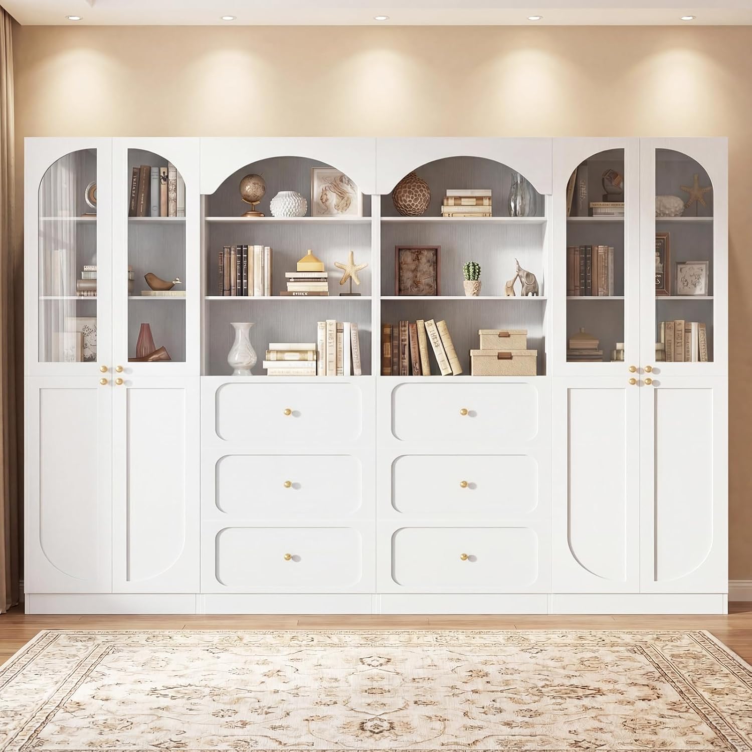 Cyclysio 80" Tall Bookcase System with 6 Drawers, Arched Bookshelf with 6-Tier Open Shelves, Wooden Pantry Storage Organizer Cabinets with 4 Glass Doors for Living Room, Kitchen, Bathroom