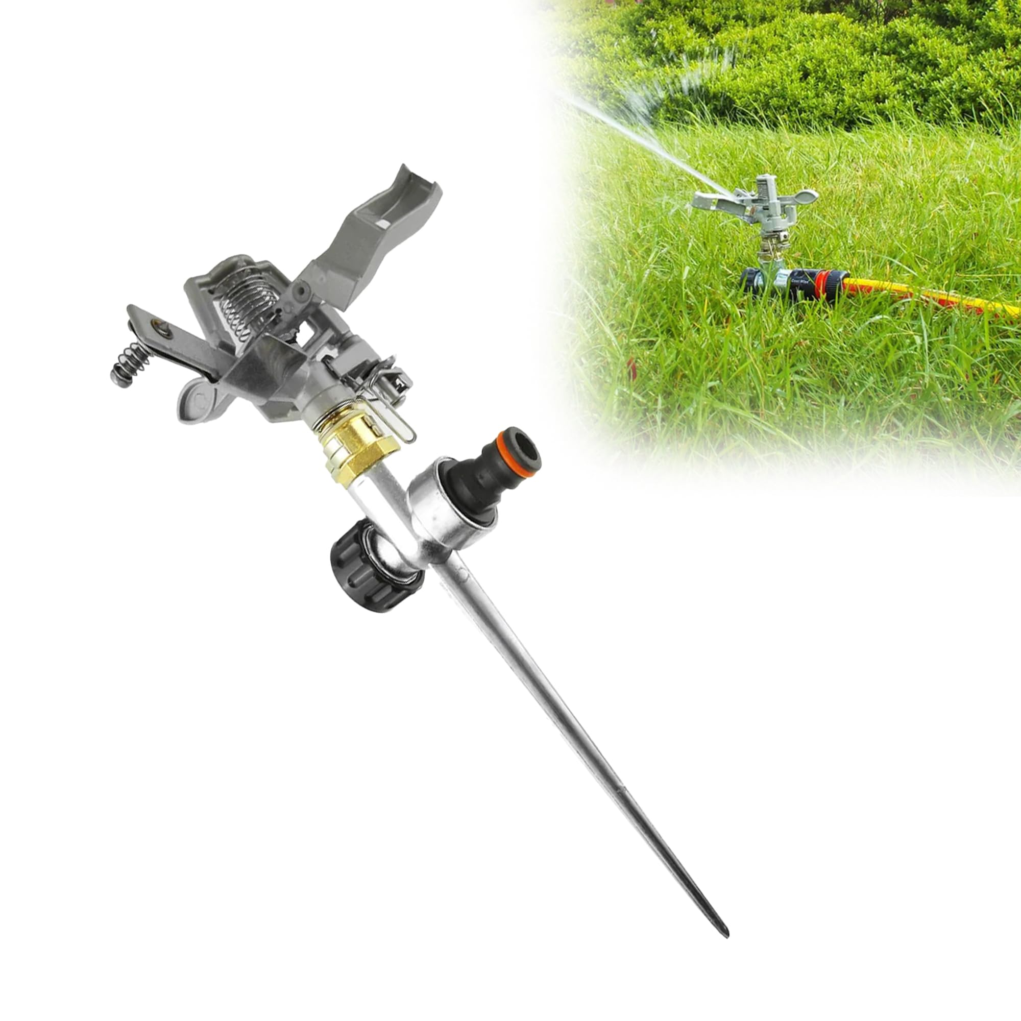GARDENIX Pulsating Lawn Sprinkler on Spike (Metal), 360ยฐ Coverage, Metal Spike, Click-Lock Quick Connection, Up to 27 m Diameter Lawn Grass