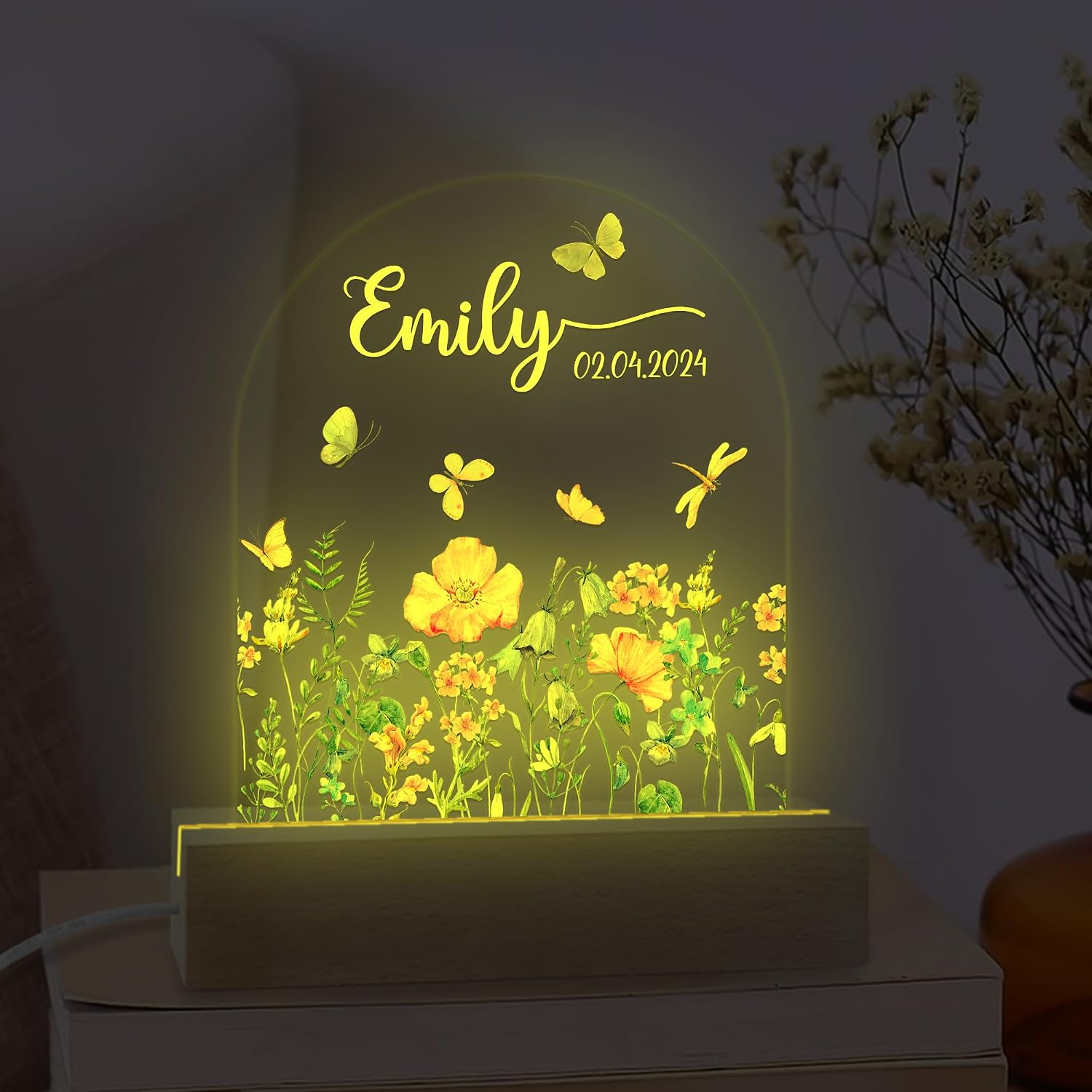 Personalized Night Light for Kids, Baby Night Light Personalized, Custom Baby Night Lights for Nursery, Custom Led Light Wooden Base, Bedroom Bedside Light, Nursery Night Light (Floral)