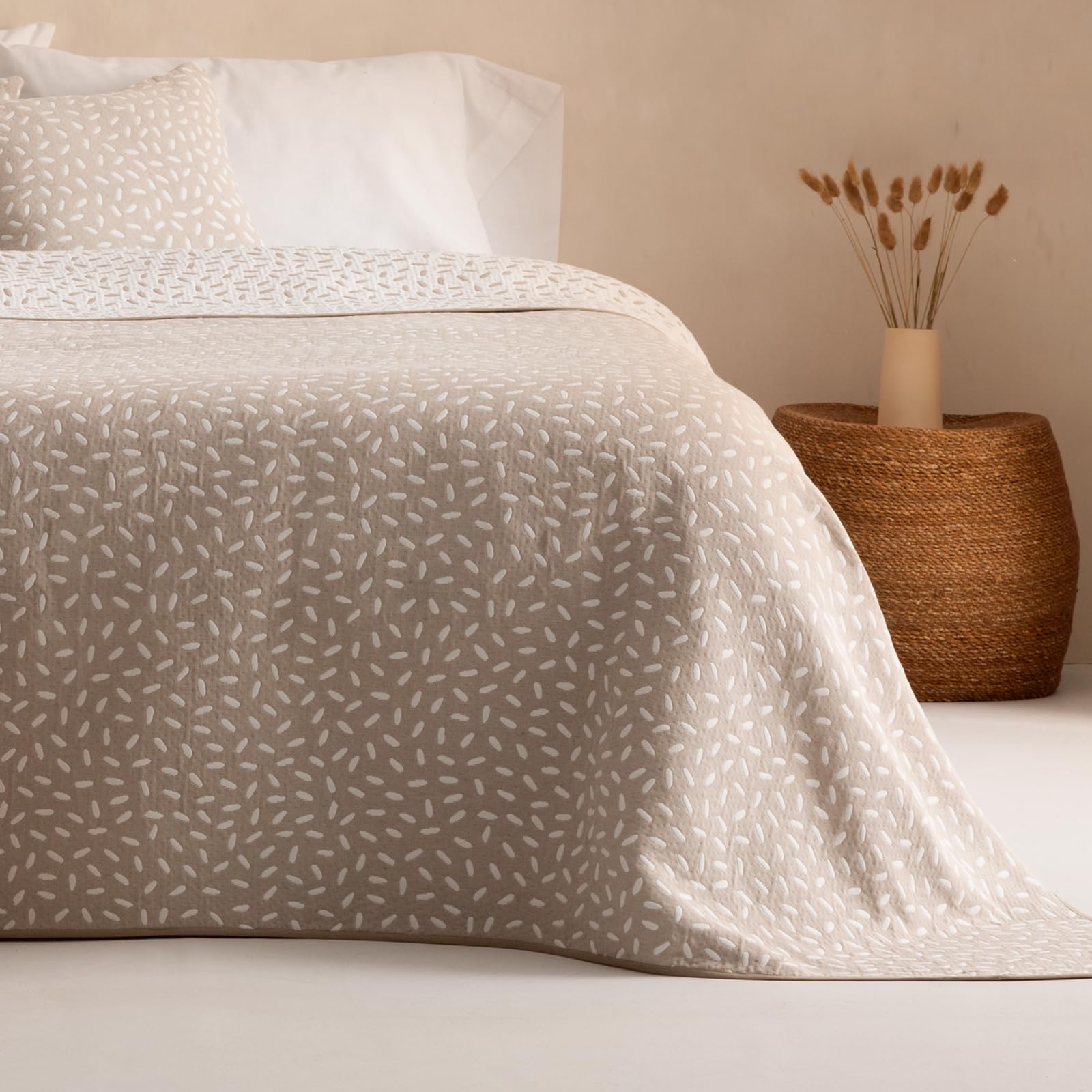 Colcha Moderna Cama 150 cm Ligera Entretiempo Primavera Verano puntitos Jacquard algodón Transpirable, 250x270 cm, Color Beige