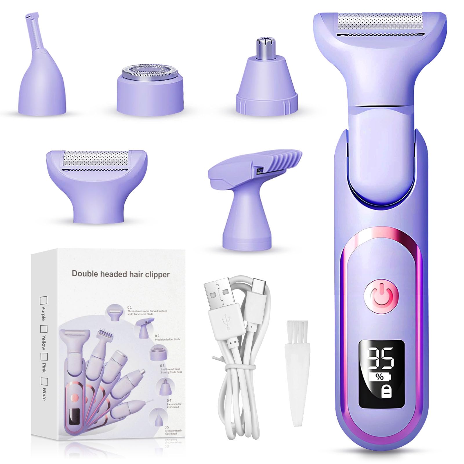 Rasoio elettrico da donna 5 in 1, rasoio intimo da donna, rasoio elettrico per donne, trimmer per corpo, intimo, bikini, per viso, ascelle, gambe, braccia e zona bikini