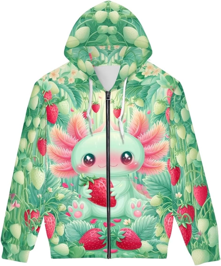GLUDEAR Axolotl Hoodies for Men 3D Anime Graphic Print Zip Hoodie Sweatshirts Pullover Novelty Cute Hoody Hooded